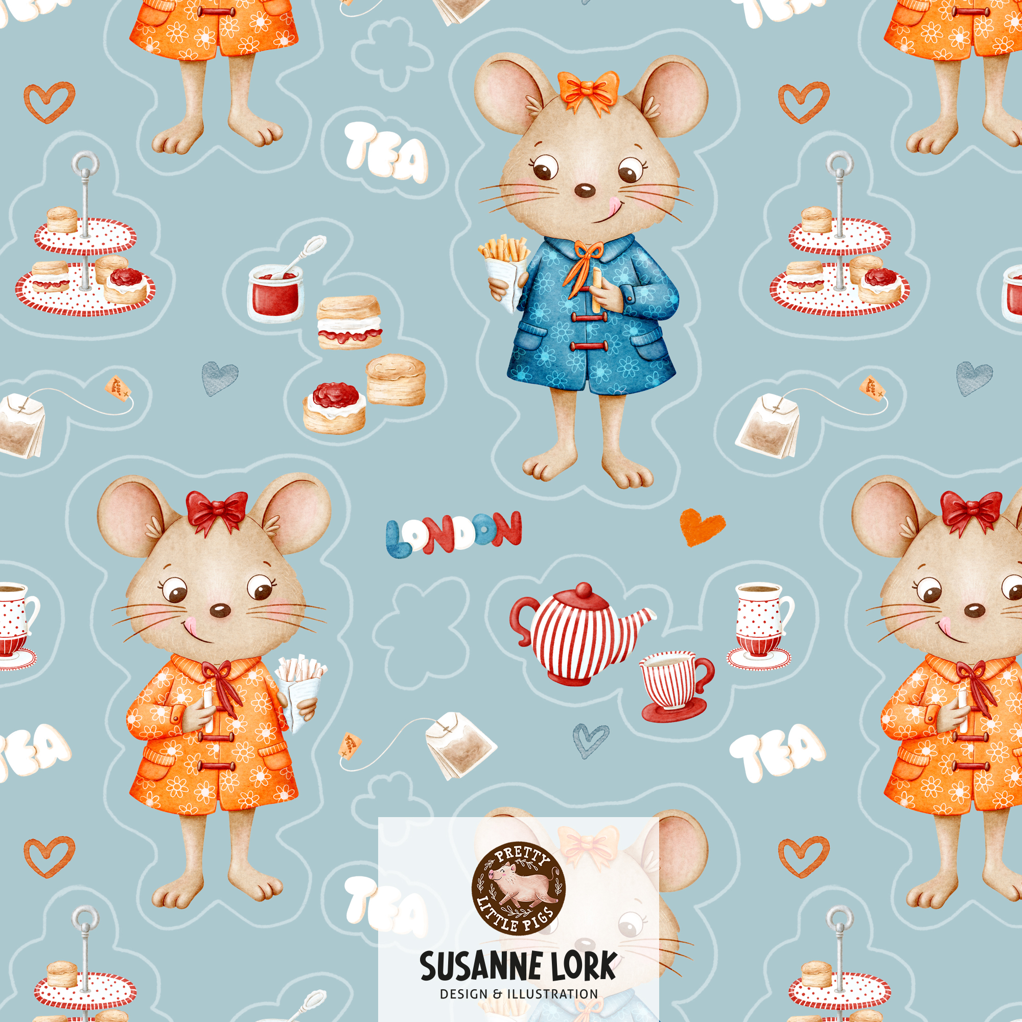 Bio Stoff - Hello London Teezeit Hellblau von Pretty Little Pigs in blau