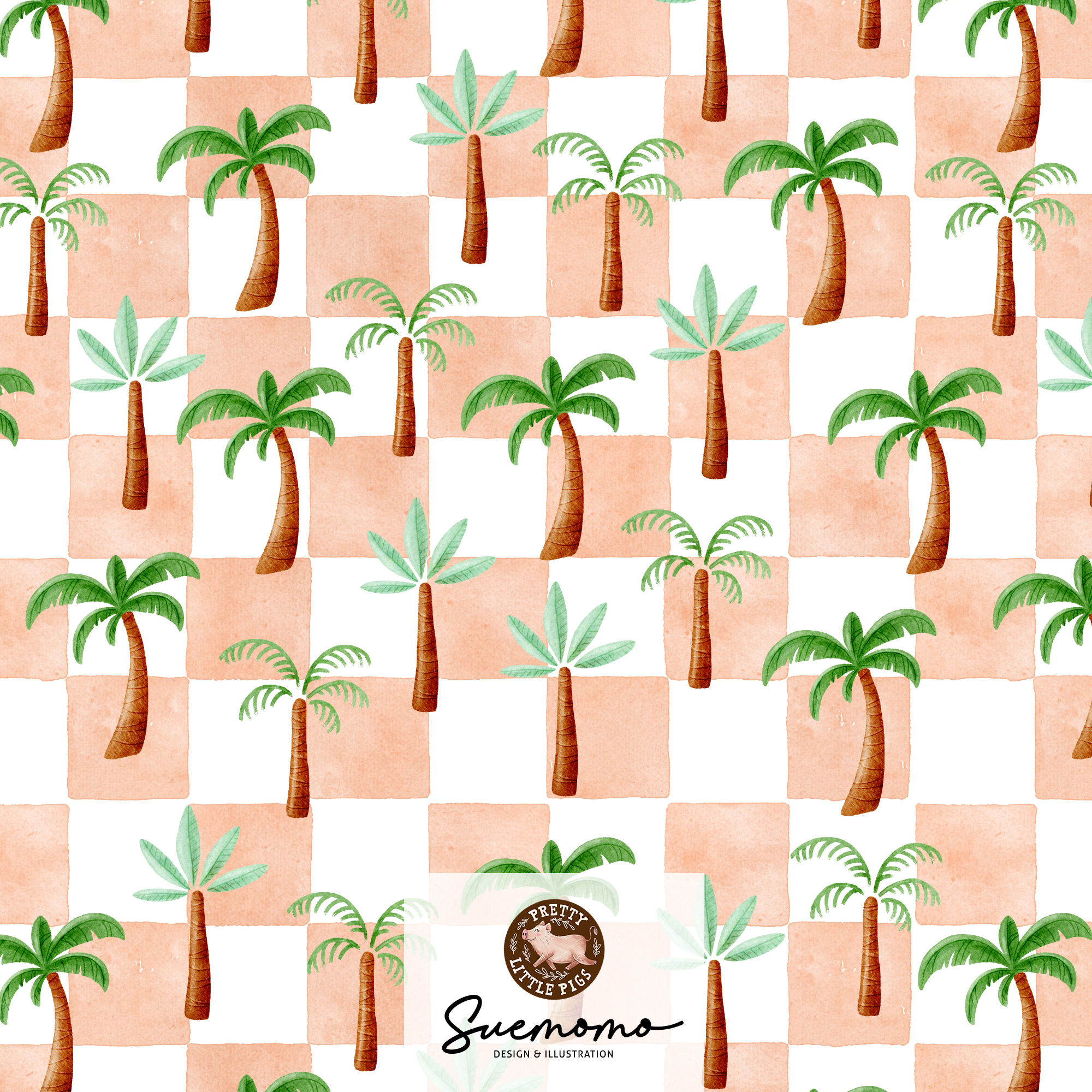 Bio Stoff  -  Summer Fun Palmen Karo  - PrettyLittlePigs, Sommer, Bäume & Palmen, orange