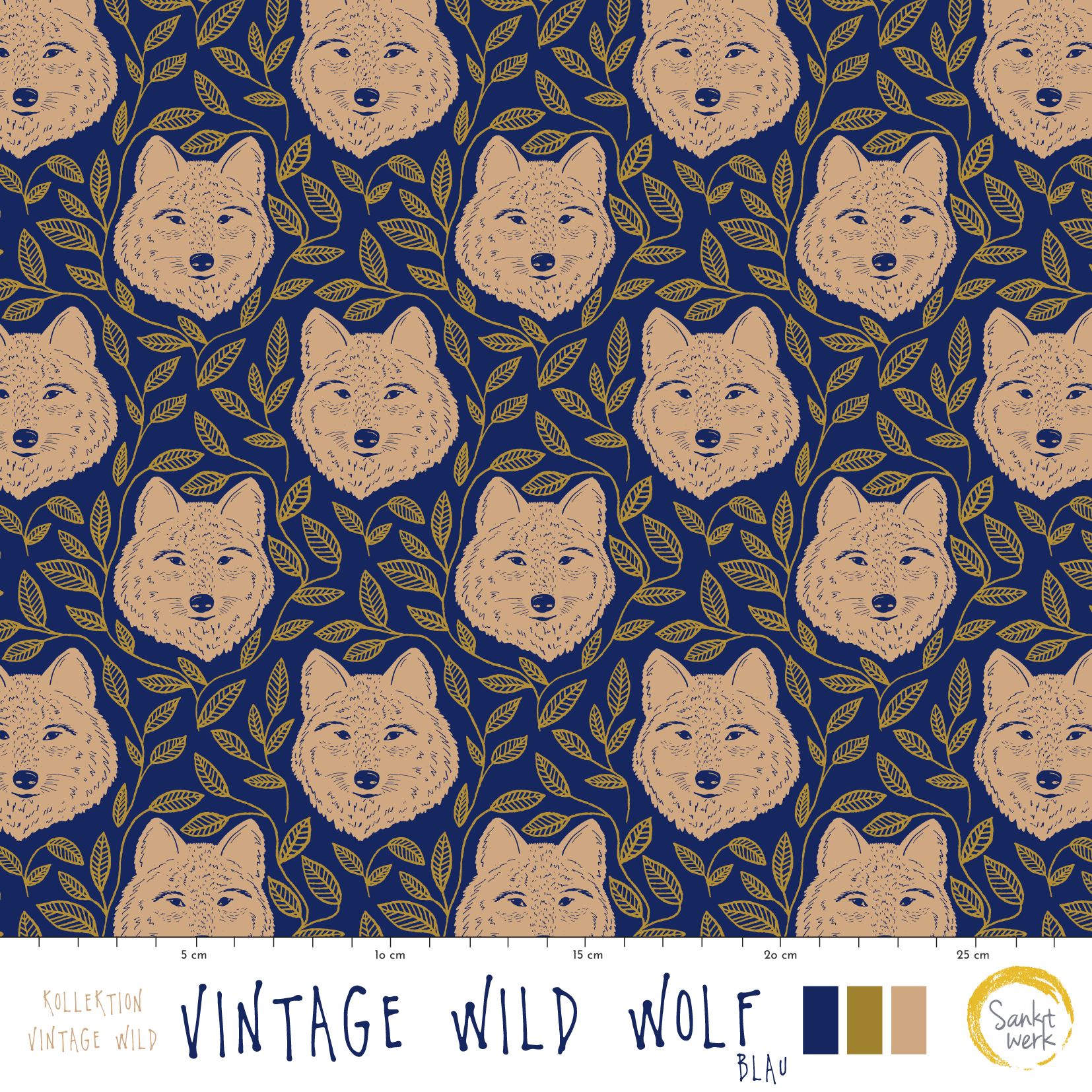 Organic Fabric - Vintage Wild Wolf blue