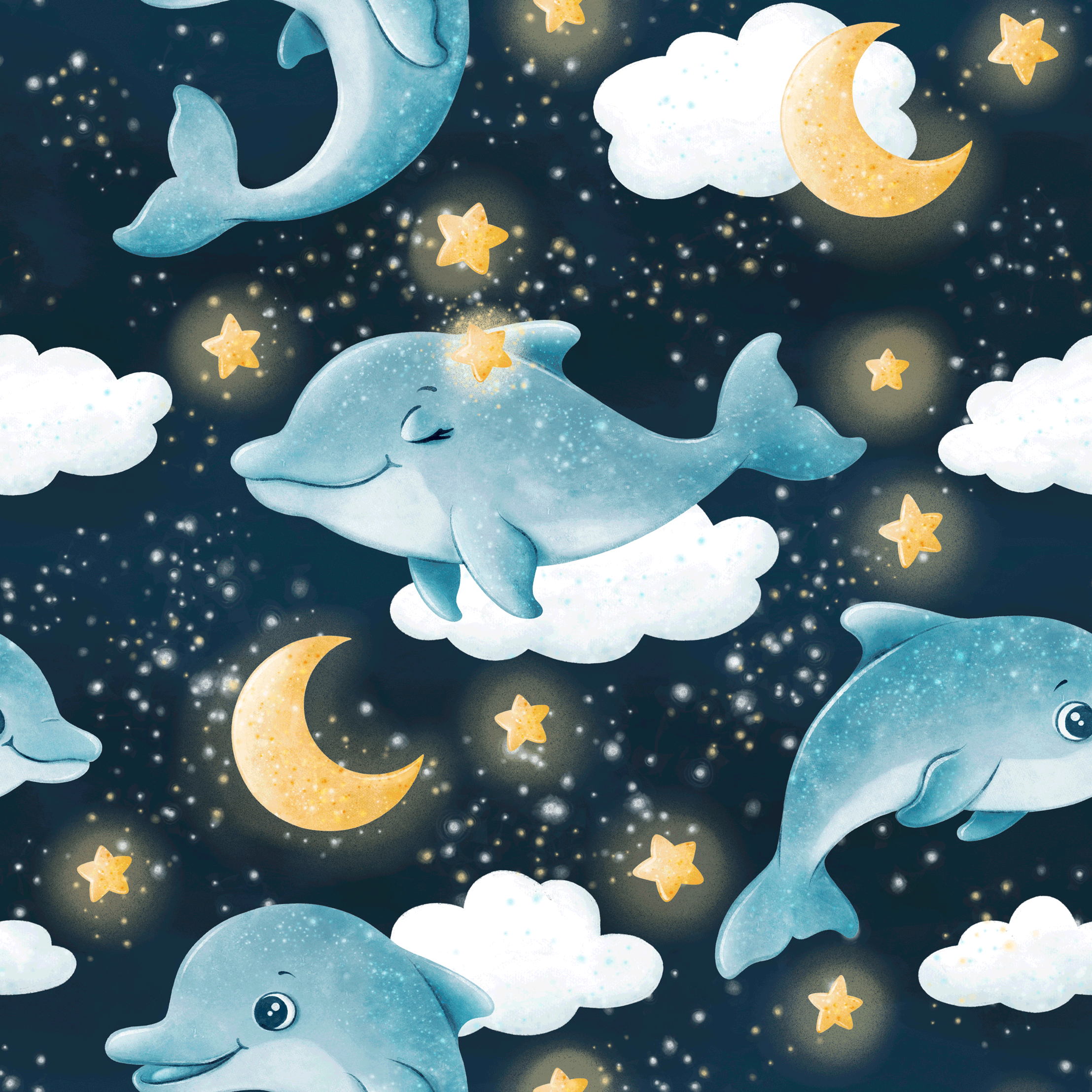 Bio Stoff - Stella The Dolphin Nightsky von Pretty Little Pigs in blau Bio Stoff - Stella The Dolphin Nightsky von Pretty Little Pigs in blau
