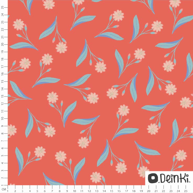 Bio Stoff  - Porzellanroeschen Rot Rosa - Deinki, rot, Floral & Blumen