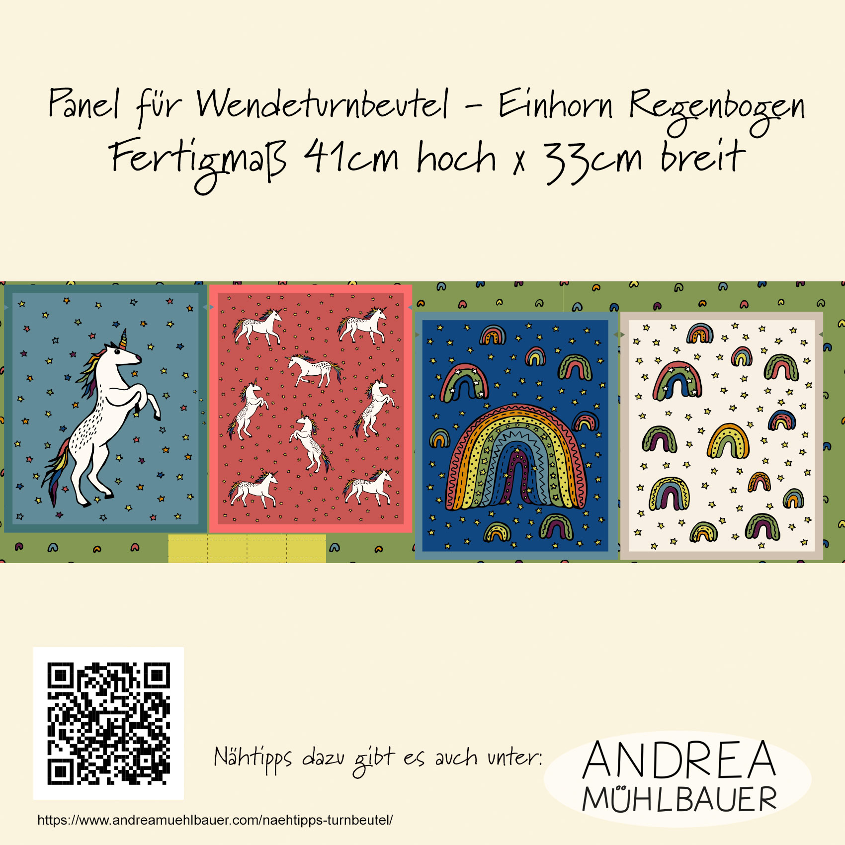 Bio Stoff -  50 cm Panel Einhorn Regenbogen Wendeturnbeutel von Andrea Muehlbauer in bunt