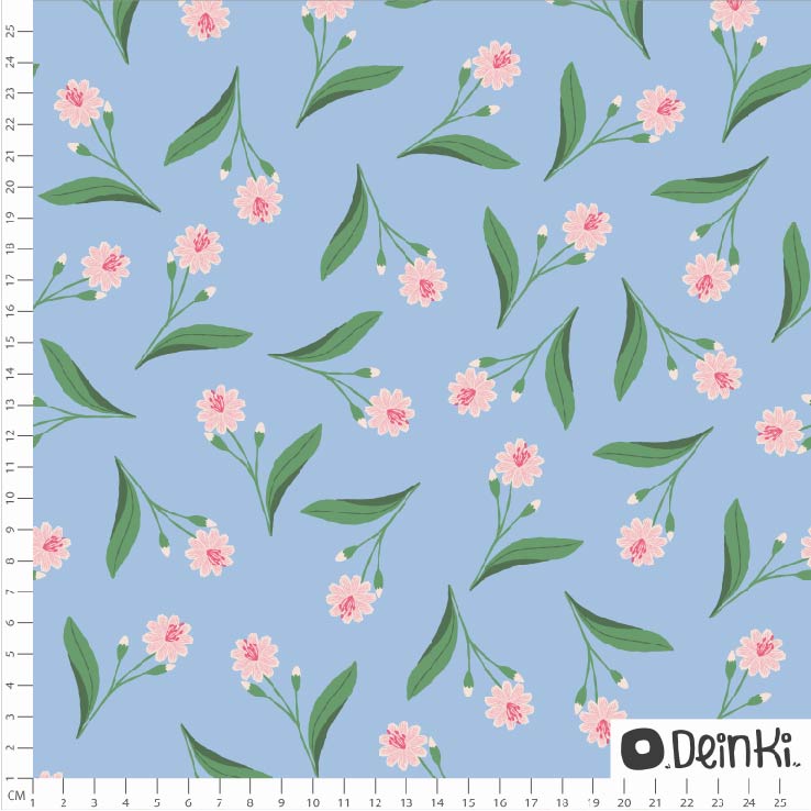 Bio Stoff  - Porzellanroeschen Hellblau Rosa - Deinki, blau, Floral & Blumen