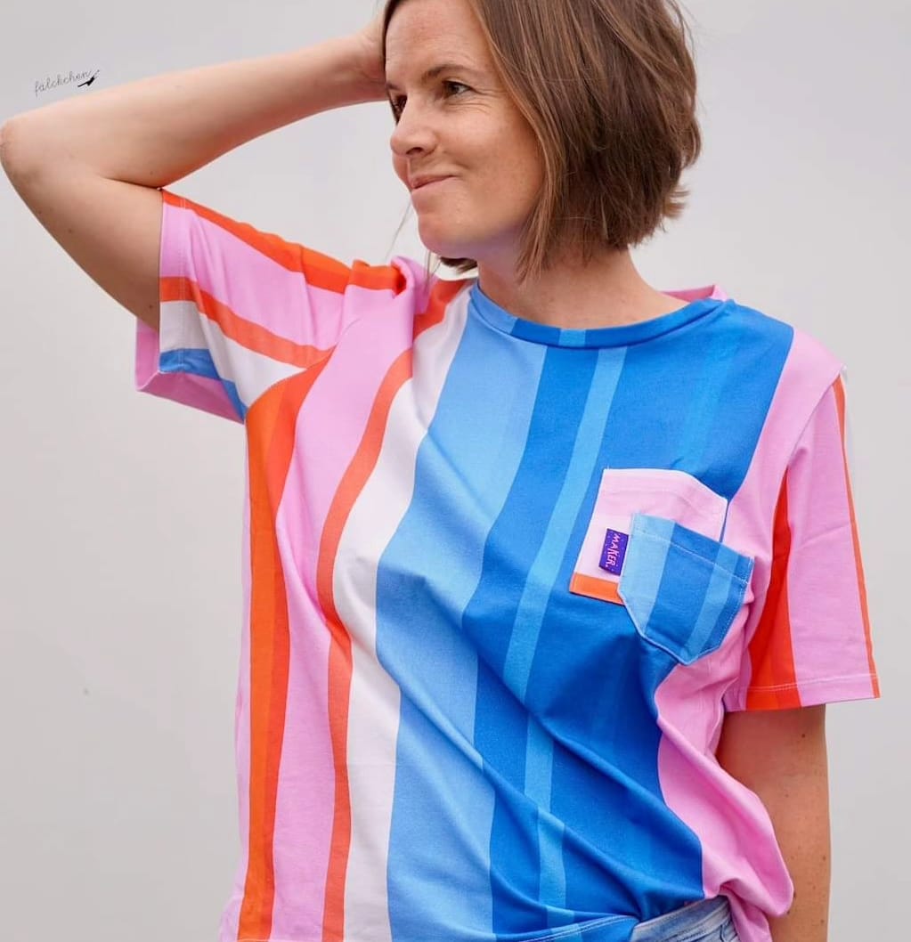 Bio Webware Stoff  -  Blockstreifen vertikal  - LisaSanders, Streifen, blau, rot, rosa, 100% Bio-Baumwolle