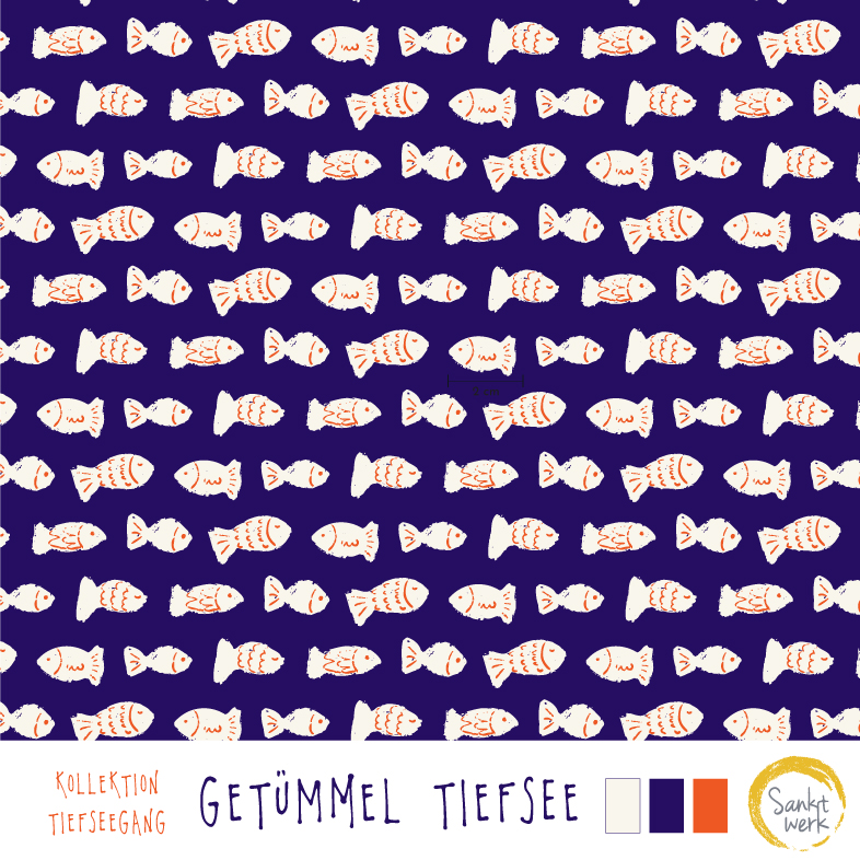 Bio Webware Stoff  -  Getümmel Tiefsee  - Sanktwerk, Tiere, Maritim, blau, 100% Bio-Baumwolle