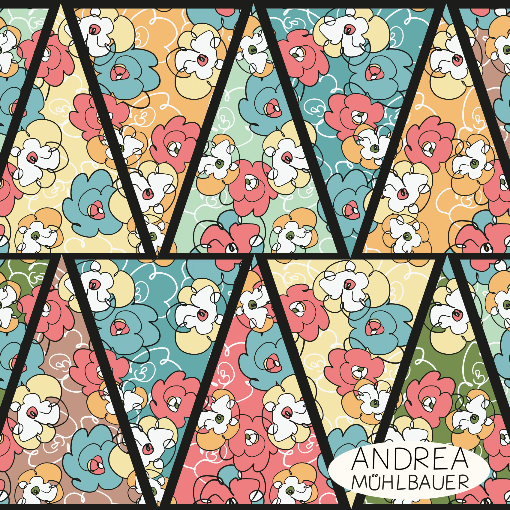 Bio Stoff -  50 cm Panel Comic Flowers Party Wimpel von Andrea Muehlbauer in bunt