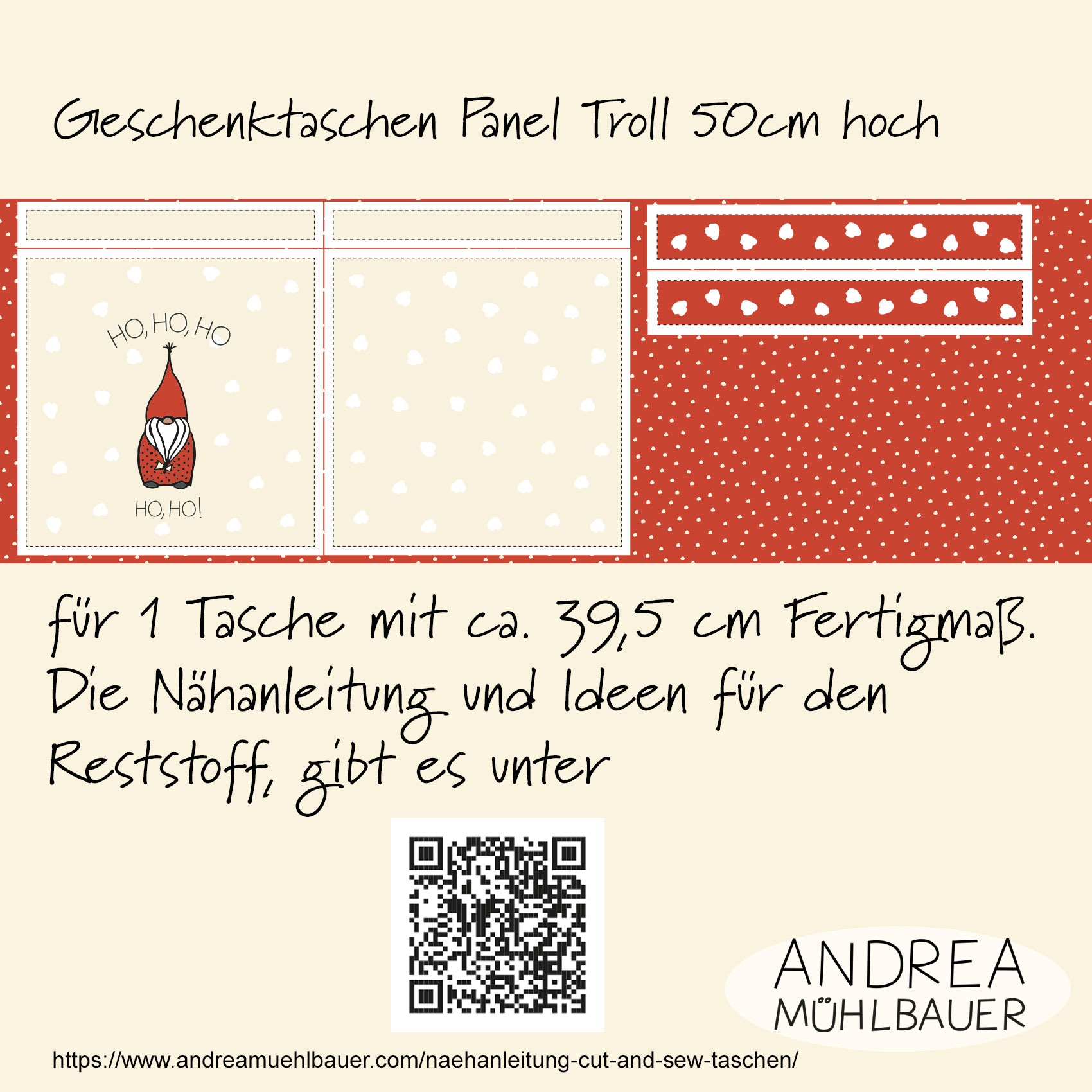 Bio Webware Stoff - 50 cm Panel Geschenktasche Christmas in the Forest Troll red - AndreaMuehlbauer, creme, Cut & Sew, 100% Bio-Baumwolle Bio Webware Stoff - 50 cm Panel Geschenktasche Christmas in the Forest Troll red - AndreaMuehlbauer, creme, Cut & Sew, 100% Bio-Baumwolle