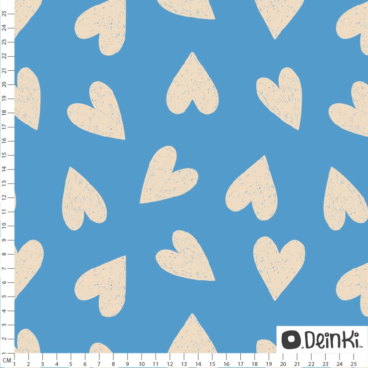 Bio Stoff  - Sketchy Hearts Creme blau - Deinki, bunt, Herzen