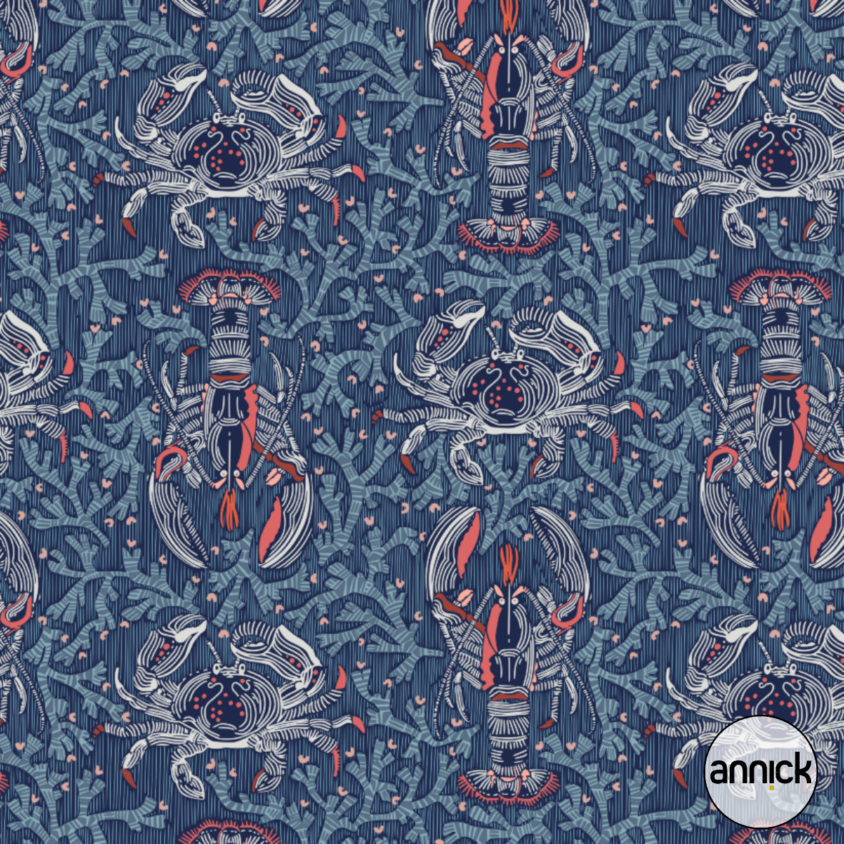 Bio Summersweat Stoff - Crustacean Corel Lobster Navy Blue - Annick, blau, Maritim Breite 150 cm Bio Summersweat Stoff - Crustacean Corel Lobster Navy Blue - Annick, blau, Maritim Breite 150 cm