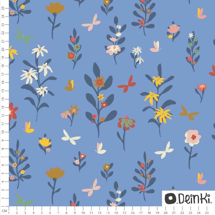 Bio Webware Stoff - Schmetterlinge auf der Blumenwiese - Deinki, Garten, Frühling, blau, Floral & Blumen, 100% Bio-Baumwolle Bio Webware Stoff - Schmetterlinge auf der Blumenwiese - Deinki, Garten, Frühling, blau, Floral & Blumen, 100% Bio-Baumwolle