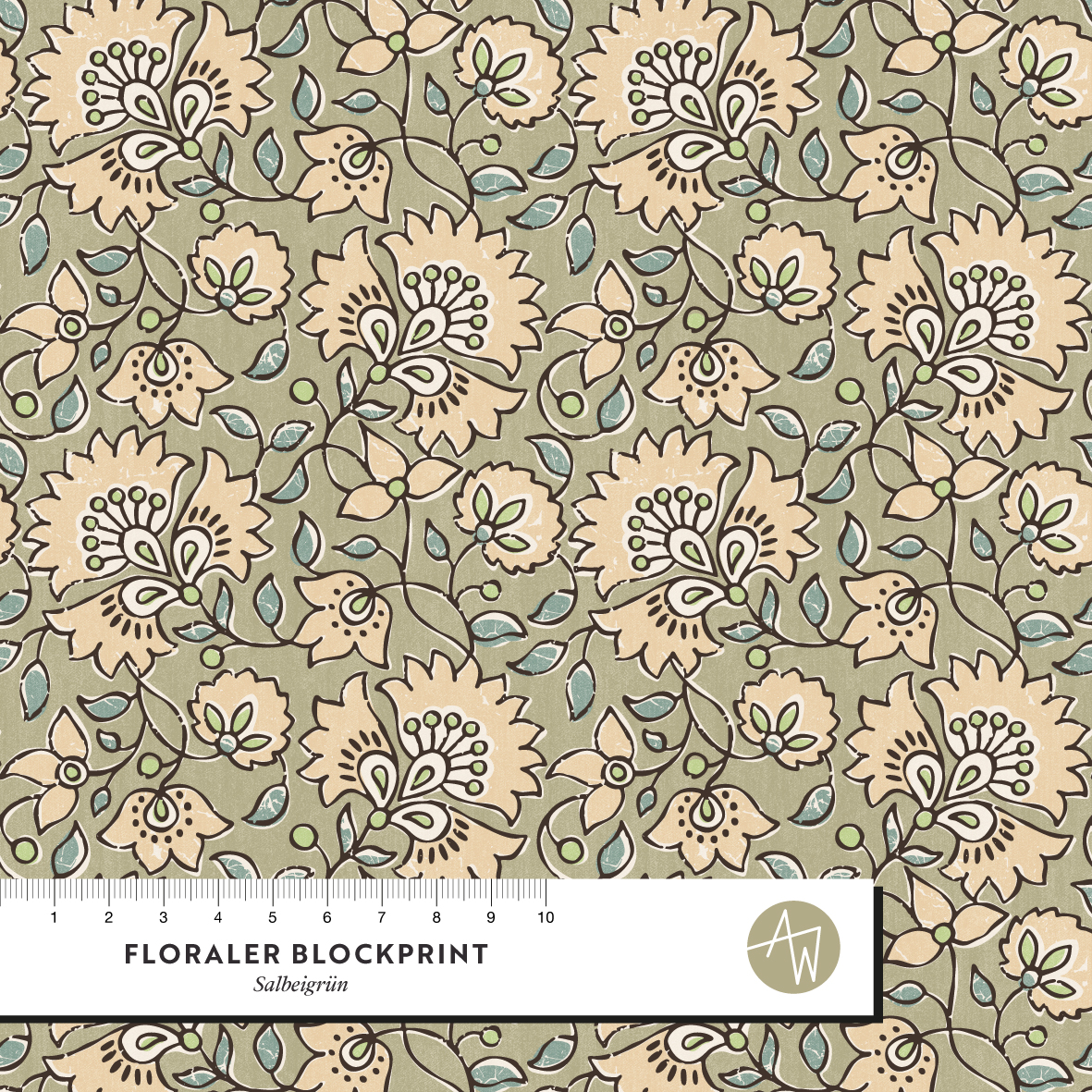 Bio Fabric - Floral Blockprint Sage Green by Alexandra Weise in green