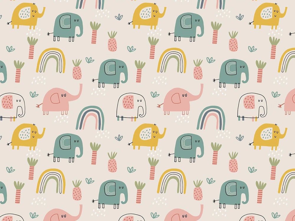 Bio Webware Stoff  -  Elephants  - LilleSelection, bunt, Tiere, beige, 100% Bio-Baumwolle
