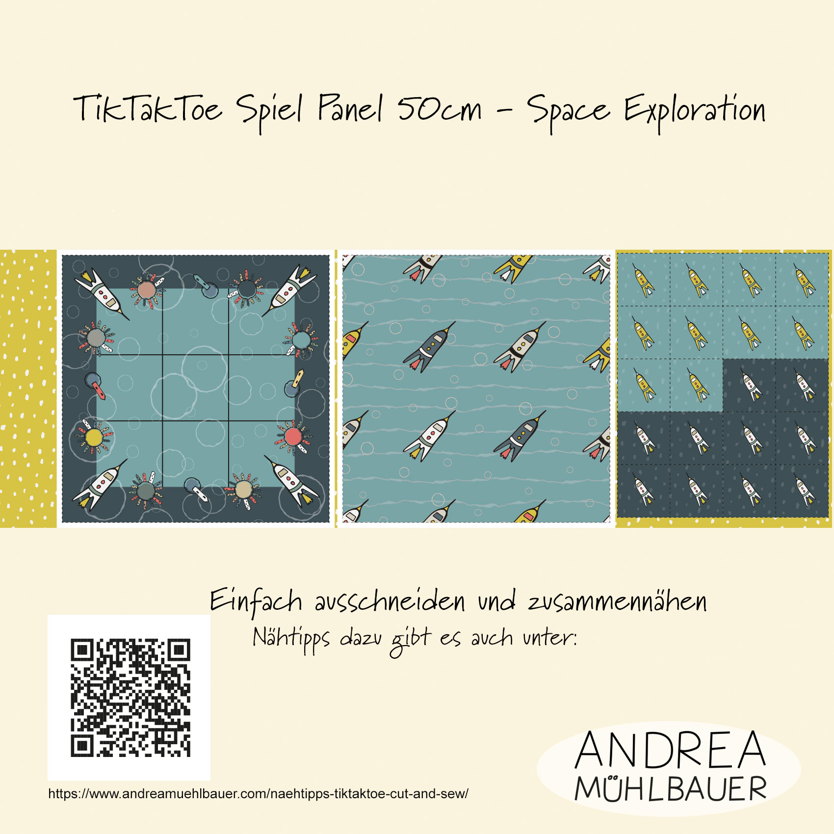Bio Fabrics - Space Exploration Tik Tak Toe Panel 50cm by Andrea Muehlbauer in yellow