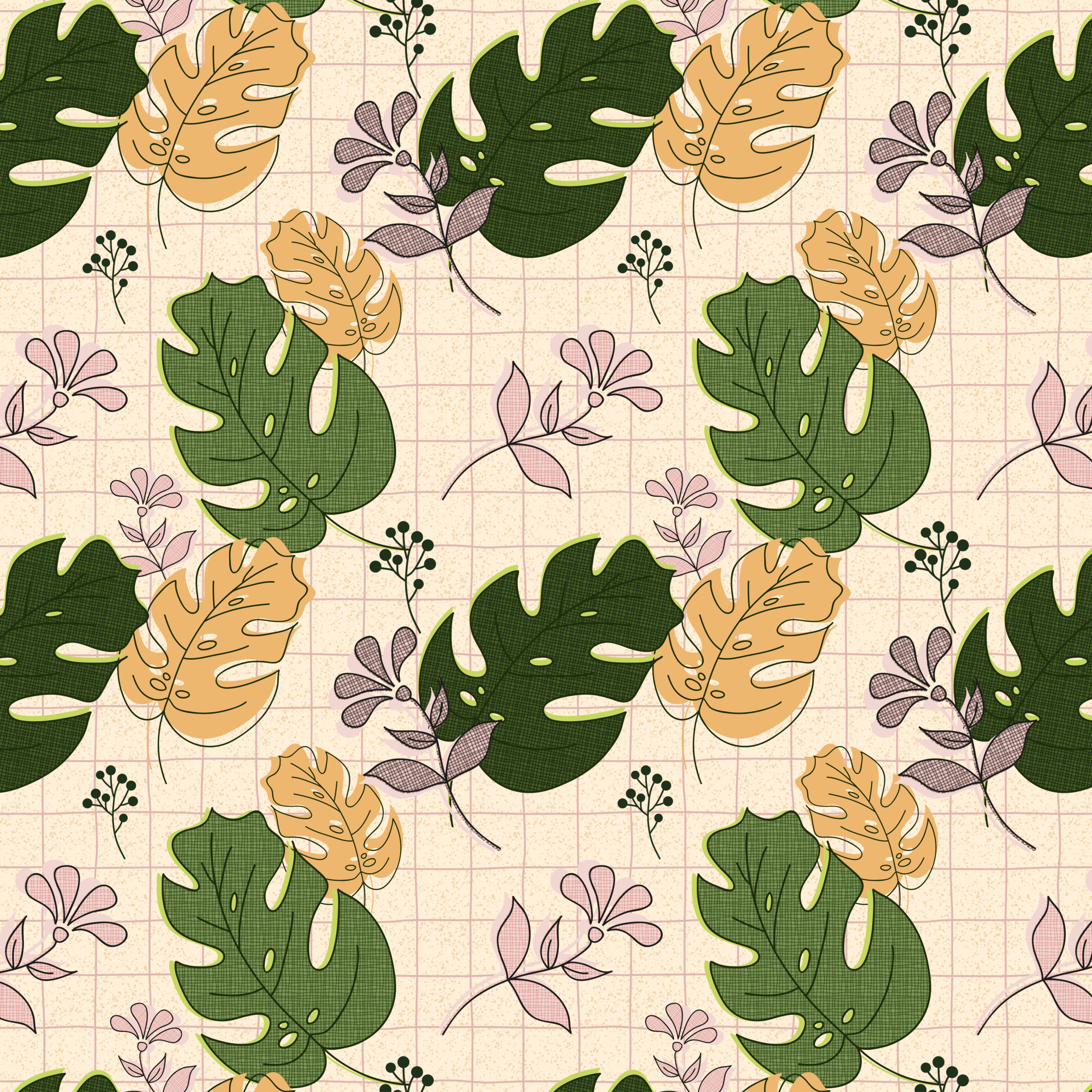 Bio Stoff  -  Nerdy Monstera Garden kariert, beige