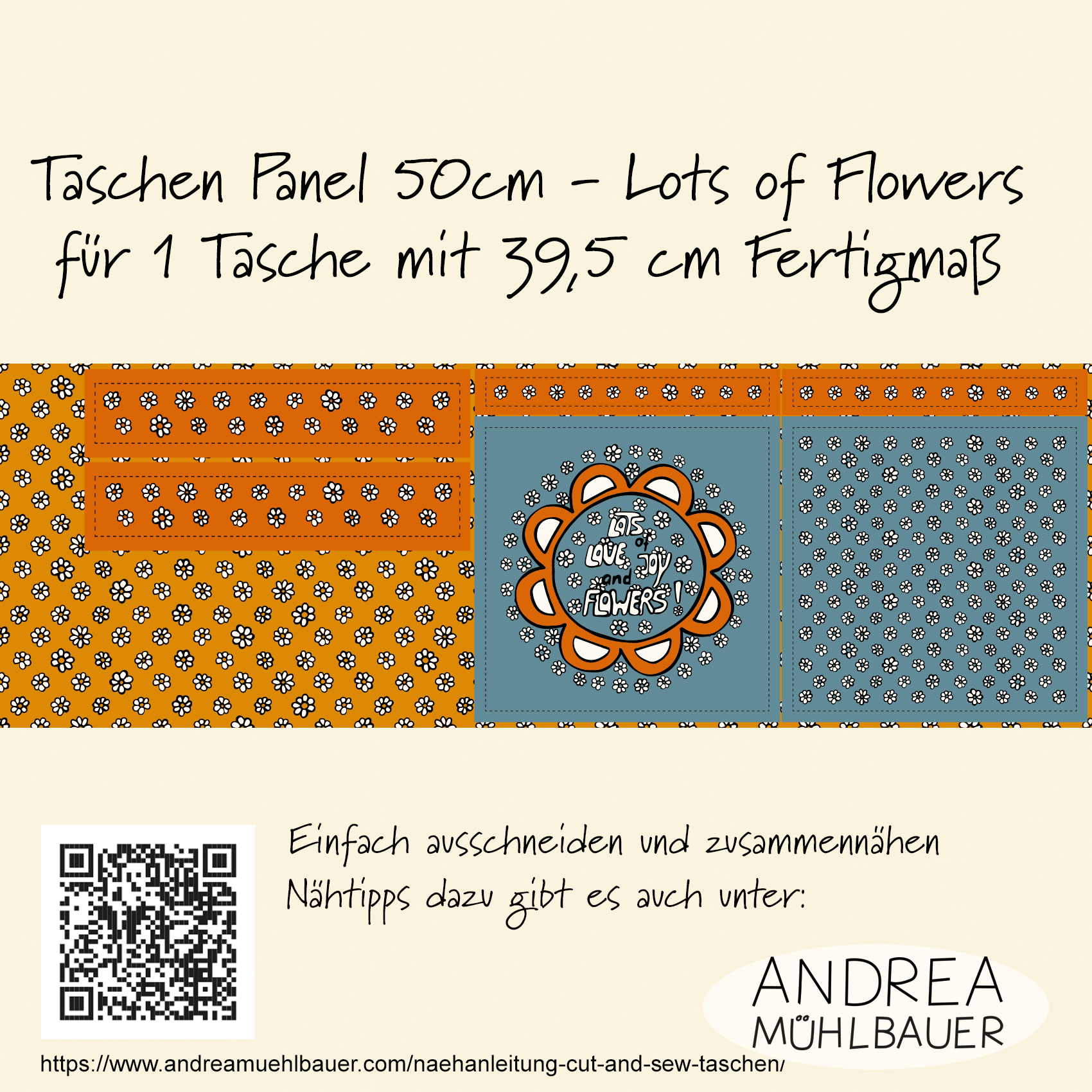 Bio Webware Stoff - 50 cm Panel Tasche Lots of Flowers Blau Orange - AndreaMuehlbauer, bunt, Blumen, Cut & Sew 100% Bio-Baumwolle Bio Webware Stoff - 50 cm Panel Tasche Lots of Flowers Blau Orange - AndreaMuehlbauer, bunt, Blumen, Cut & Sew 100% Bio-Baumwolle