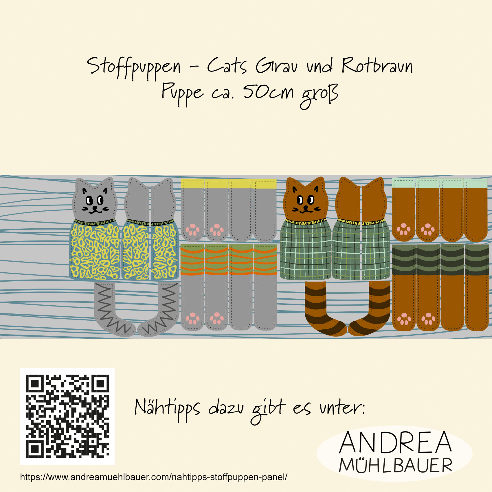 Bio Summersweat Stoff - 50 cm Panel Katzenpuppe Grau Rotbraun - AndreaMuehlbauer, grau, Tiere Cut&Sew Breite 150 cm Bio Summersweat Stoff - 50 cm Panel Katzenpuppe Grau Rotbraun - AndreaMuehlbauer, grau, Tiere Cut&Sew Breite 150 cm
