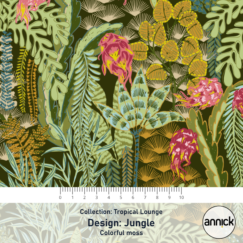 Bio Stoff  - Tropical Lounge Jungle Colorful Moss  - Annick, grün, Blätter & Ranken