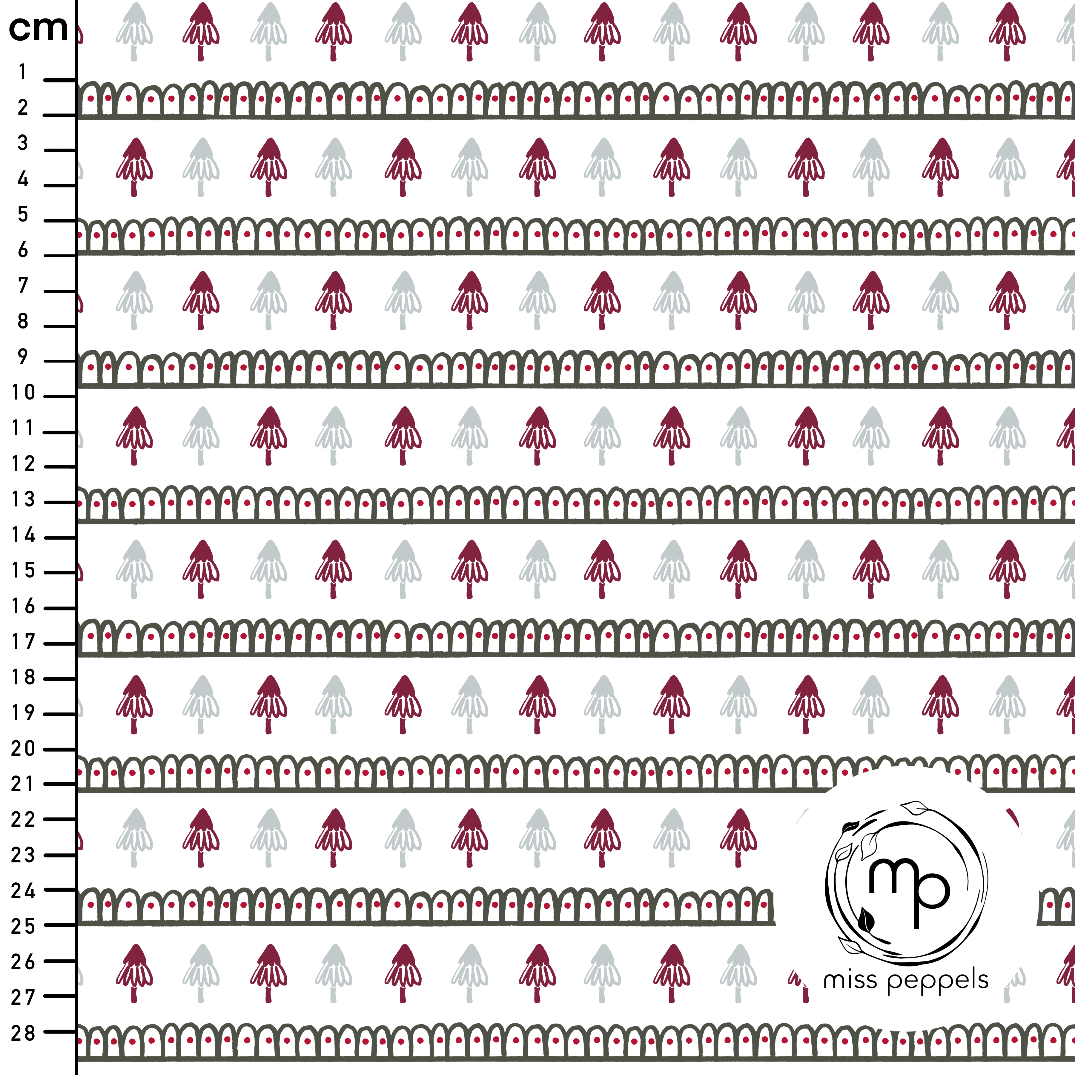 Organic Fabric - Tree Row white, red and blue