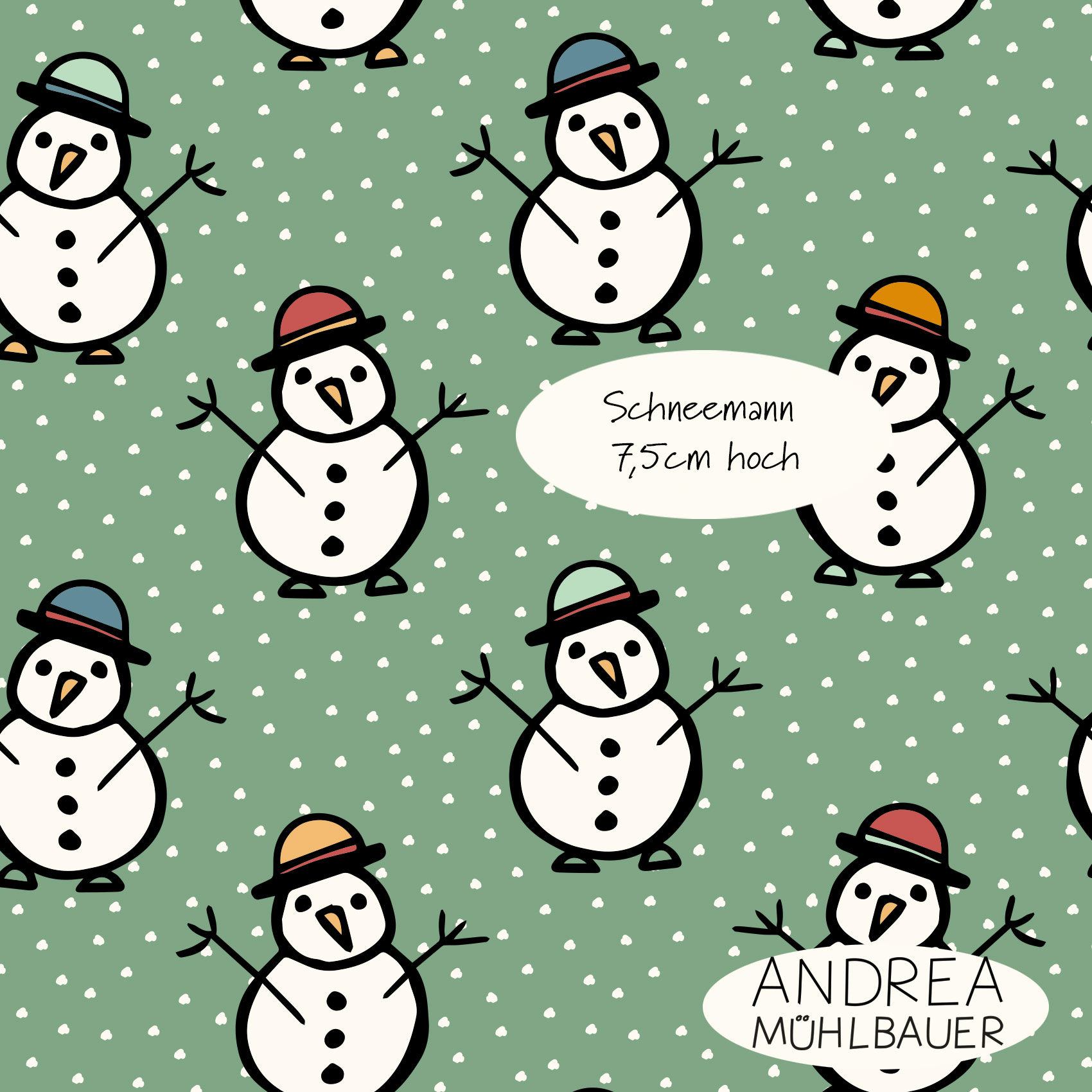 Bio Webware Stoff  - Snowman on soft winter Sage Green - AndreaMuehlbauer, Winter, grün, 100% Bio-Baumwolle