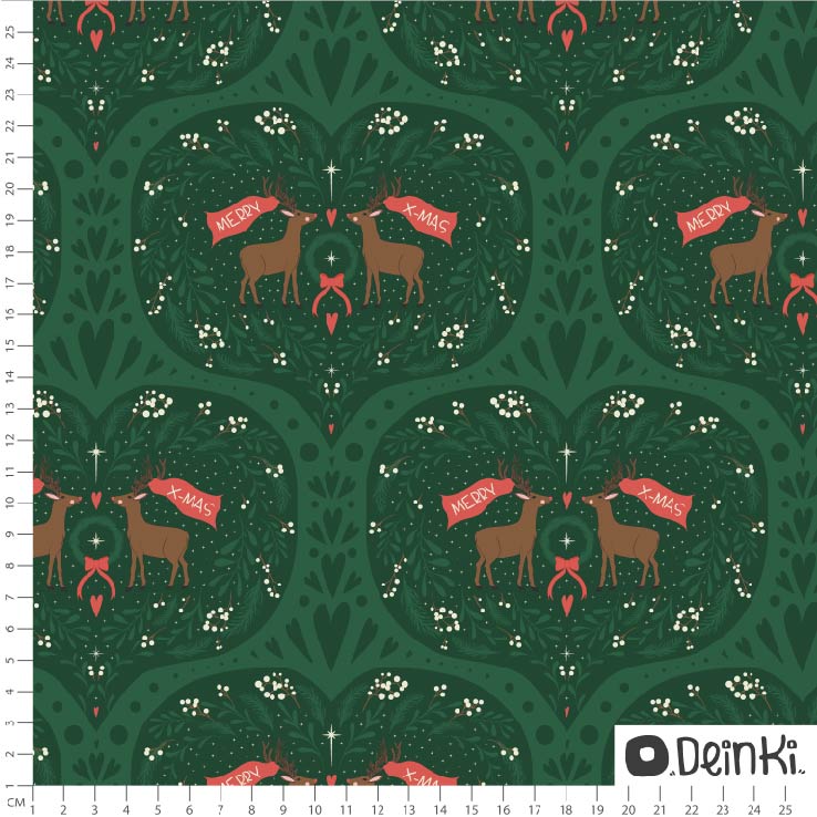 Bio Stoff  -  Weihnachtshirsche Dunkelgrün  - Deinki, Tiere, grün, Ornamente, schwarz