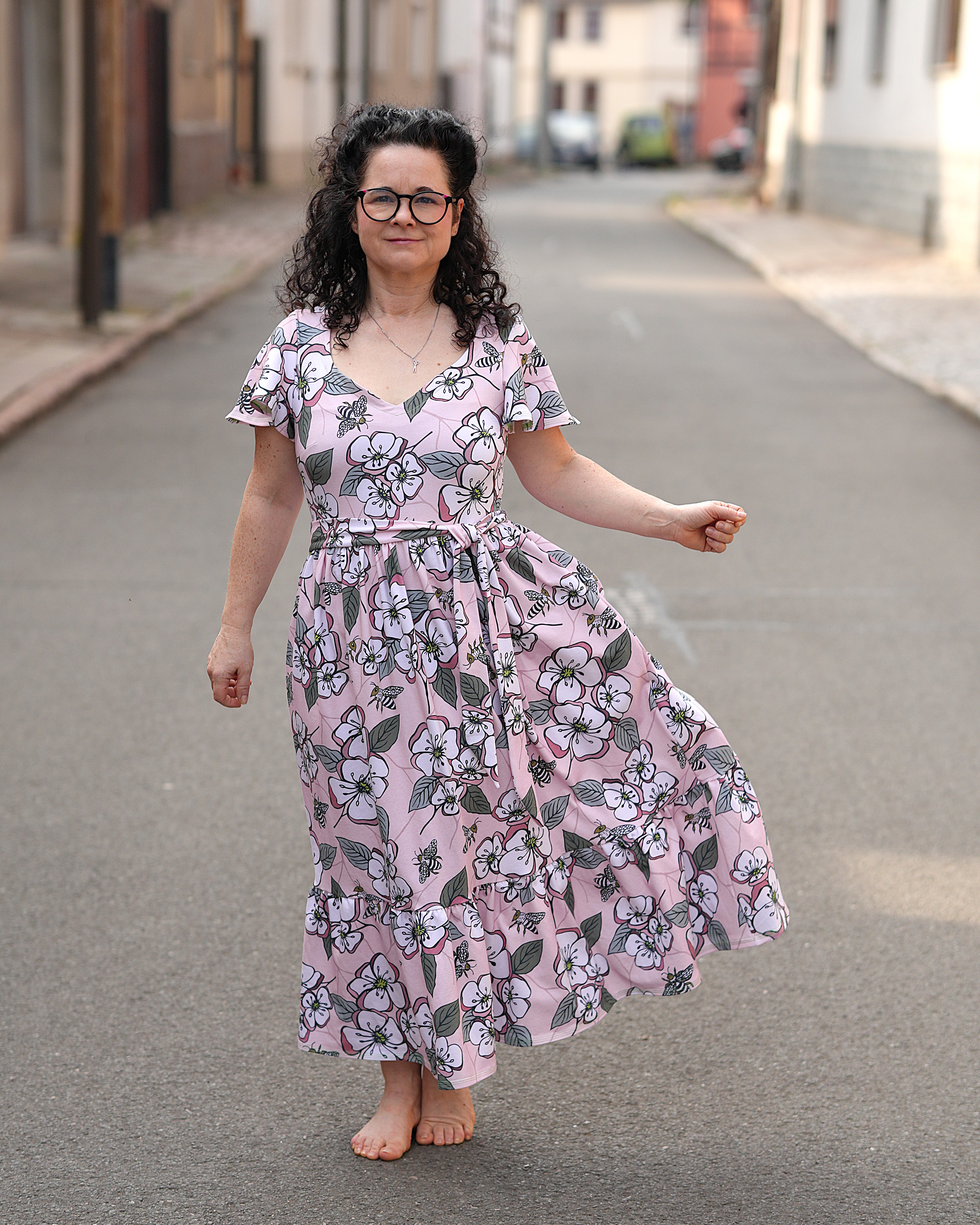 Bio Stoff  - Obstblüten Bienen beige, orange