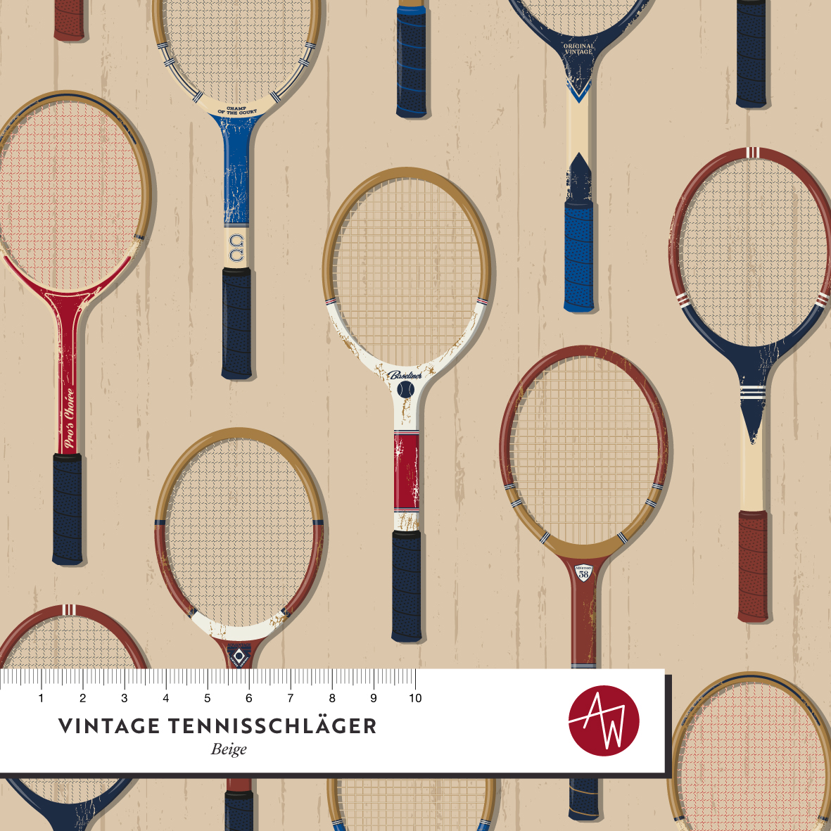 Bio Summersweat Stoff - Vintage Tennis Schläger Beige - AlexandraWeise, beige, Gegenstände, Sport, Breite 150 cm Bio Summersweat Stoff - Vintage Tennis Schläger Beige - AlexandraWeise, beige, Gegenstände, Sport, Breite 150 cm
