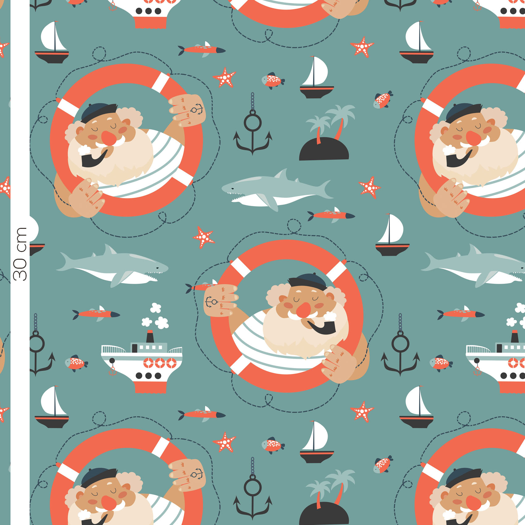 Bio Webware Stoff  -  Old Sailor  - LilleSelection, Tiere, grün, Maritim, Fahrzeuge, 100% Bio-Baumwolle
