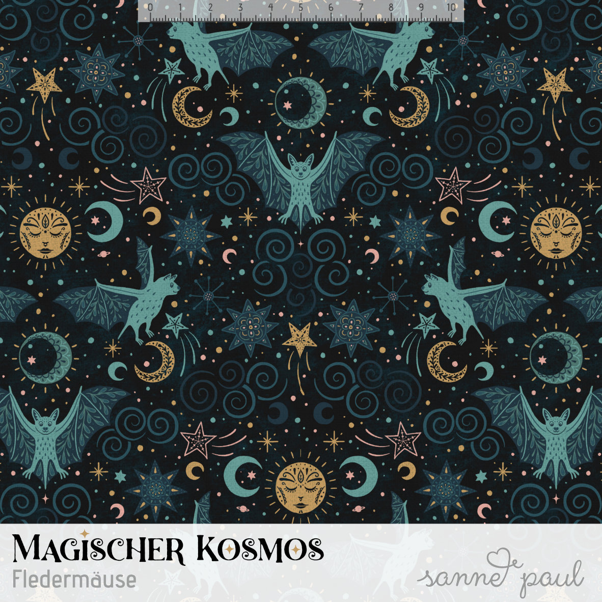 Bio Stoff  - Magischer Kosmos Fledermäuse - SannePaul, Sonne, Mond & Sterne, Weltall, blau 