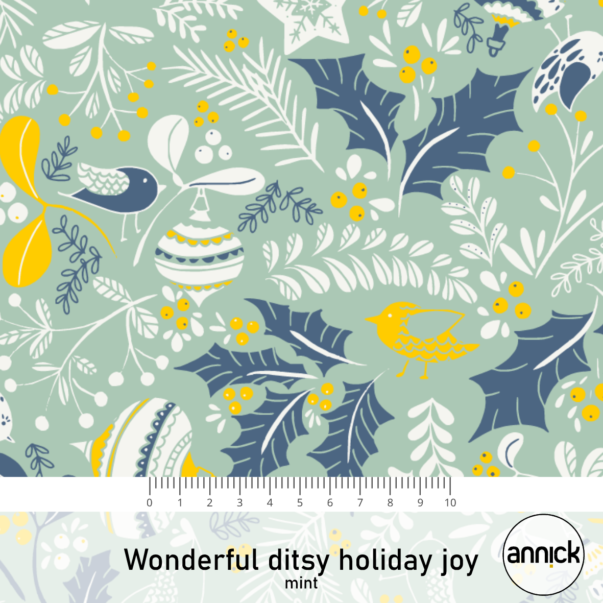 Bio Stoff  - Wonderful ditsy holiday joy - Annick, Weihnachten, Blätter Ranken, mint