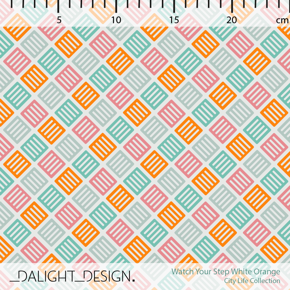 Bio Stoff  - Watch Your Step White Orange - DalightDesign, bunt, Geometrische Muster