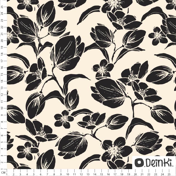 Bio Webware Stoff - Magnolien Schwarz Weiss - Deinki, schwarz, Floral & Blumen, 100% Bio-Baumwolle Bio Webware Stoff - Magnolien Schwarz Weiss - Deinki, schwarz, Floral & Blumen, 100% Bio-Baumwolle