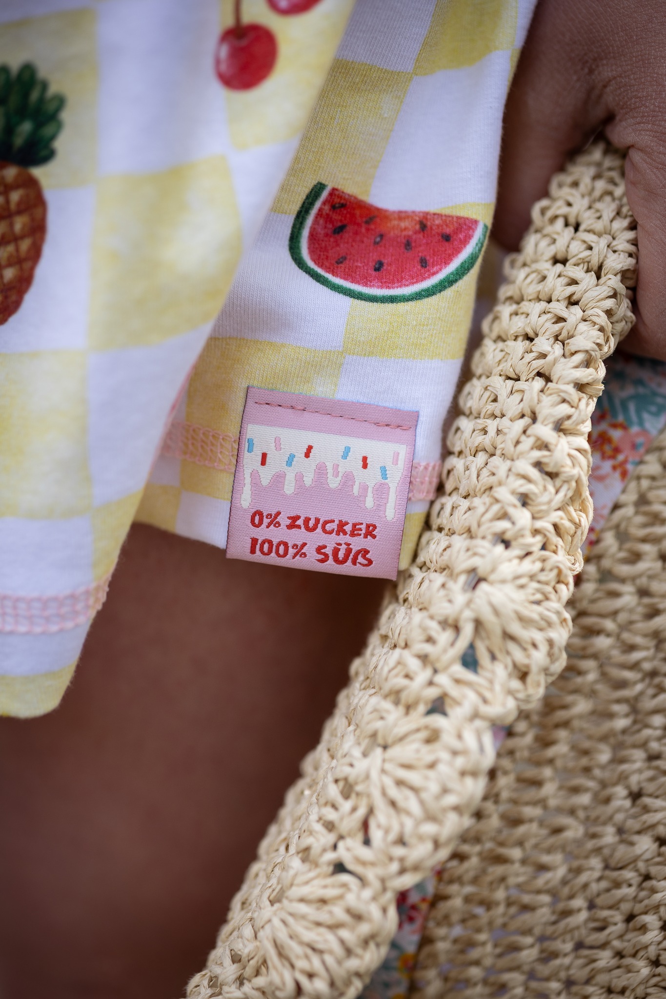 Bio Jersey Stoff  -  Summer Fun Süße Früchte Karo  - PrettyLittlePigs, Sommer, Obst & Gemüse, gelb, Breite 150 cm