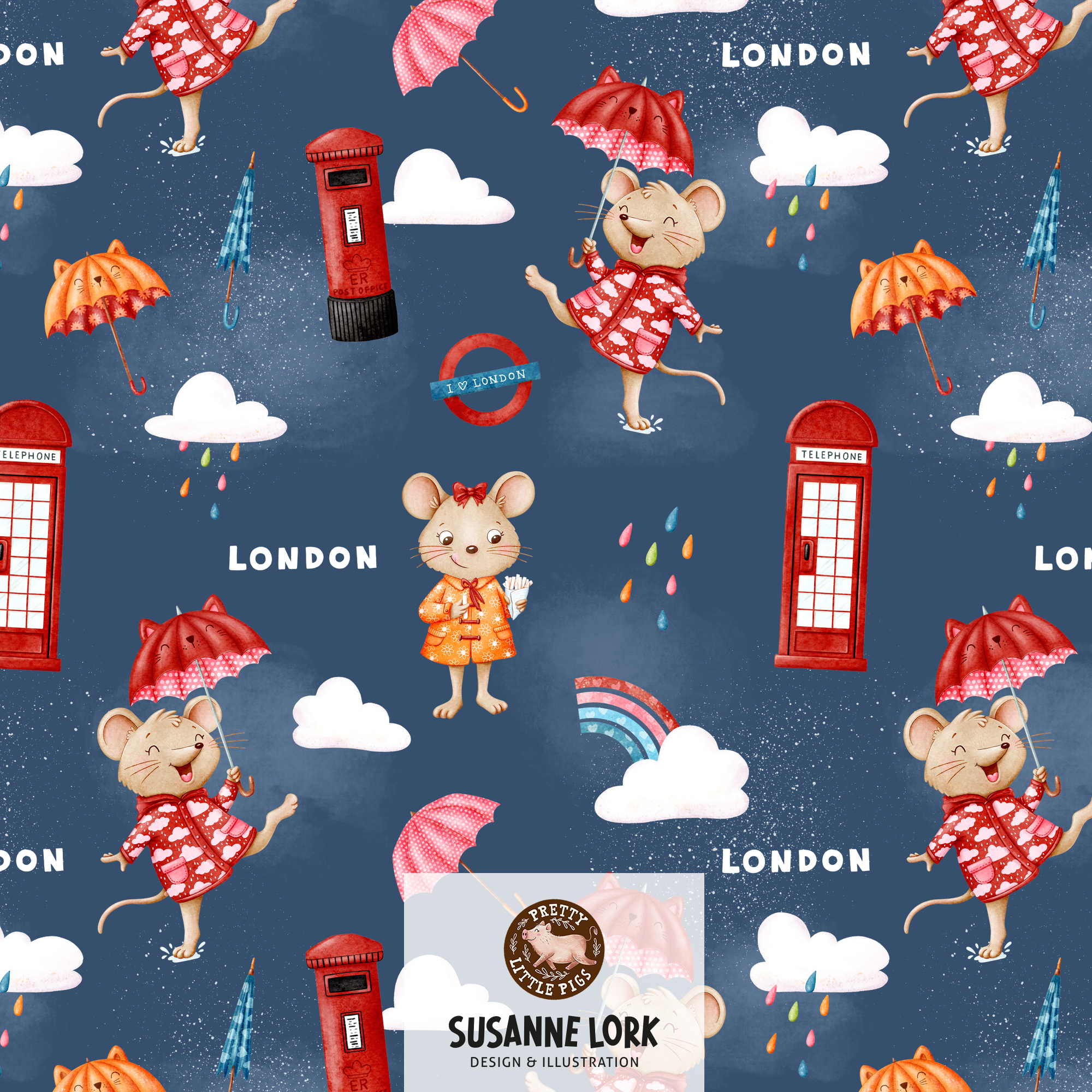 Bio Stoff - Hello London Rainy Day Dunkelblau von Pretty Little Pigs in blau