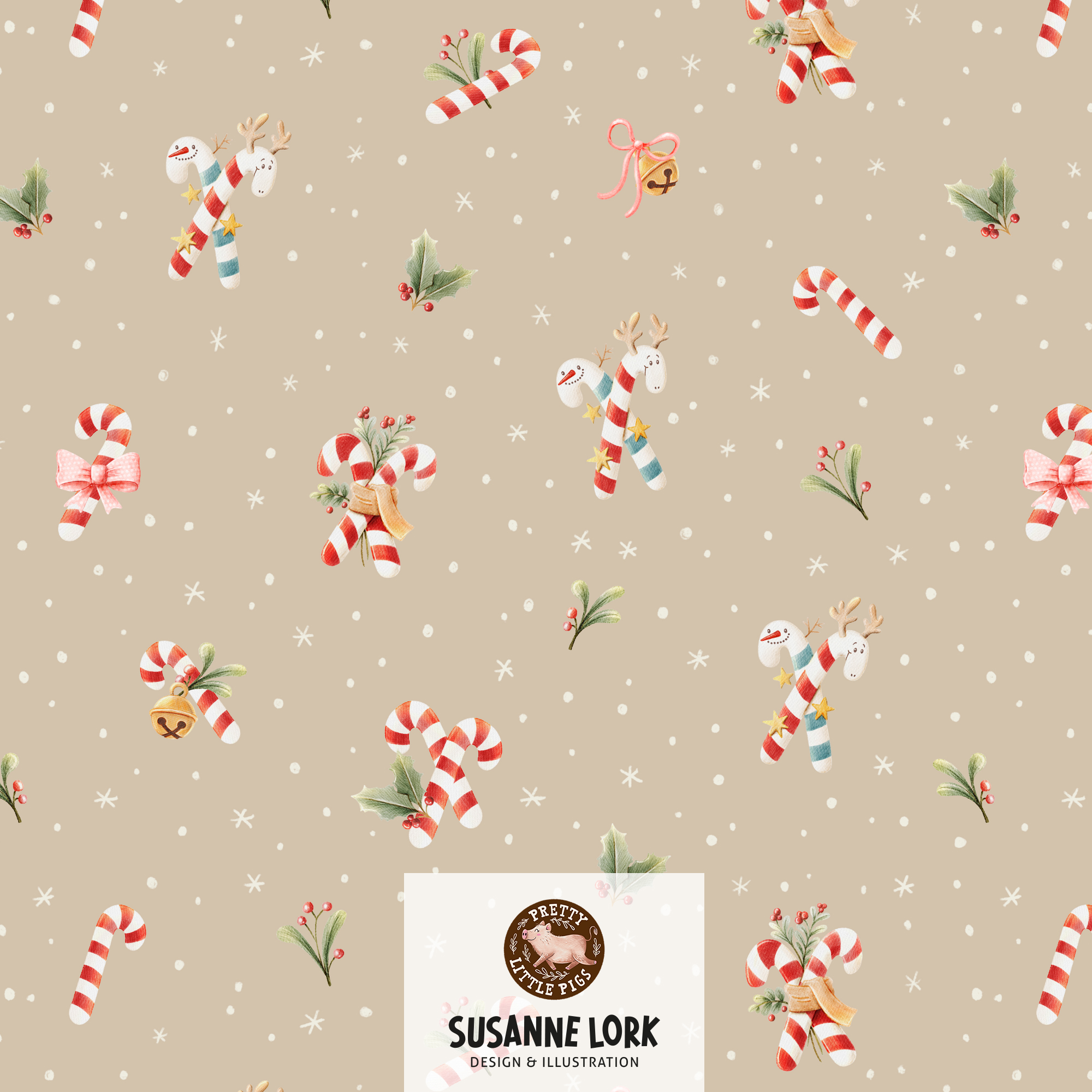 Bio Fabric - Merry Christmas Candy Canes beige