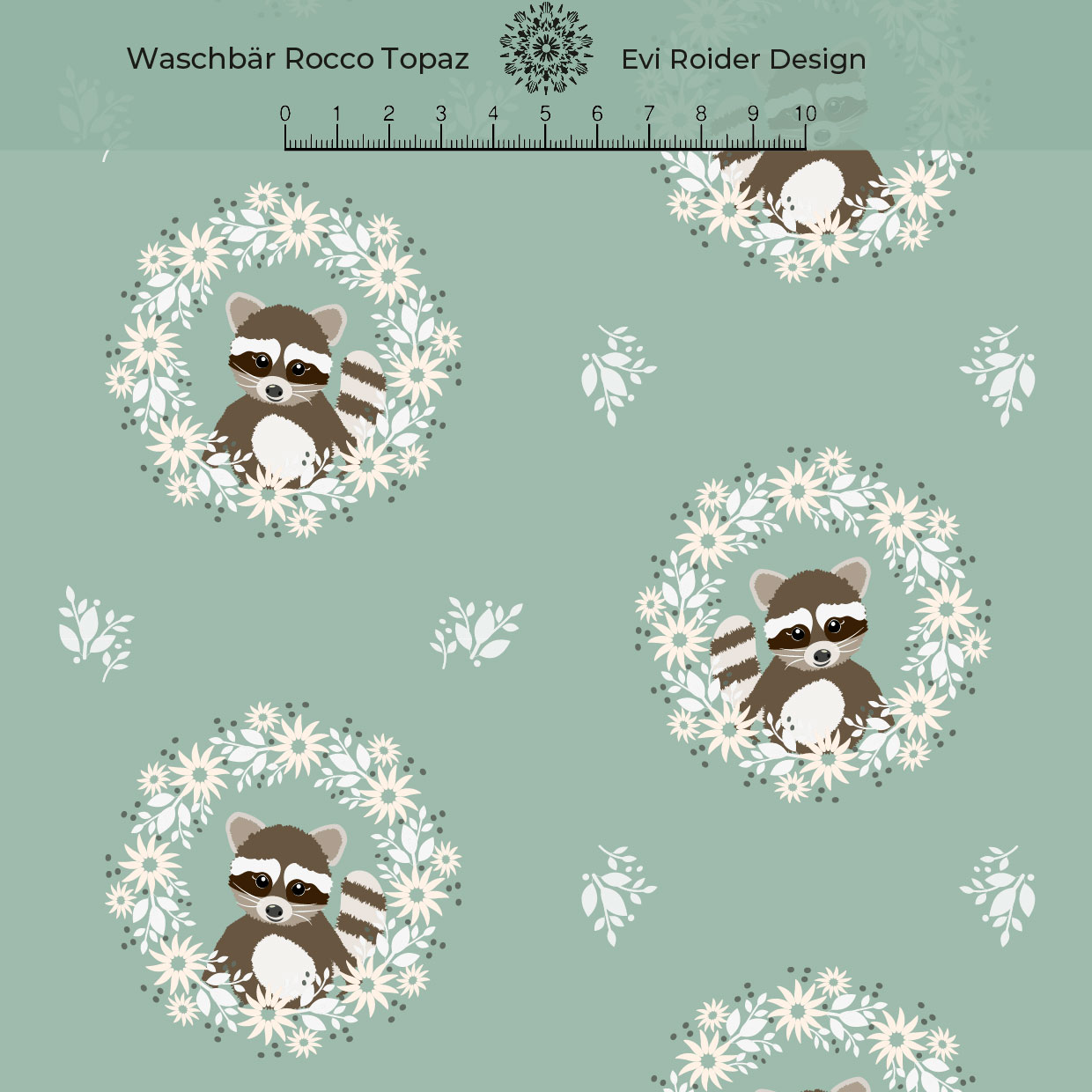 Bio Webware Stoff - Waschbär Rocco Topaz - EviRoiderDesign, Tiere, grün, 100% Bio-Baumwolle Bio Webware Stoff - Waschbär Rocco Topaz - EviRoiderDesign, Tiere, grün, 100% Bio-Baumwolle