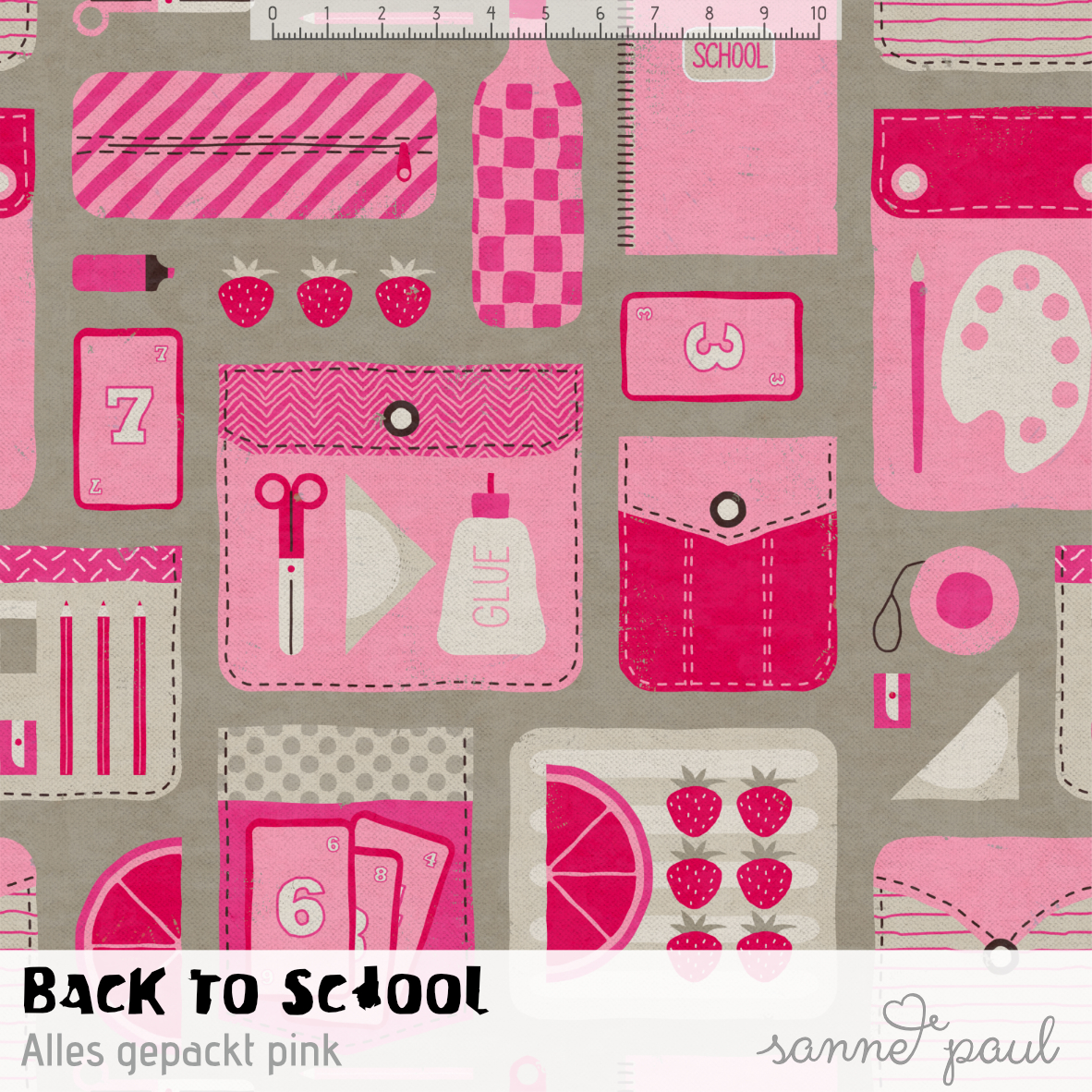 Organic Fabric - Back To School All Packed Pink by Sanne Paul in pink
