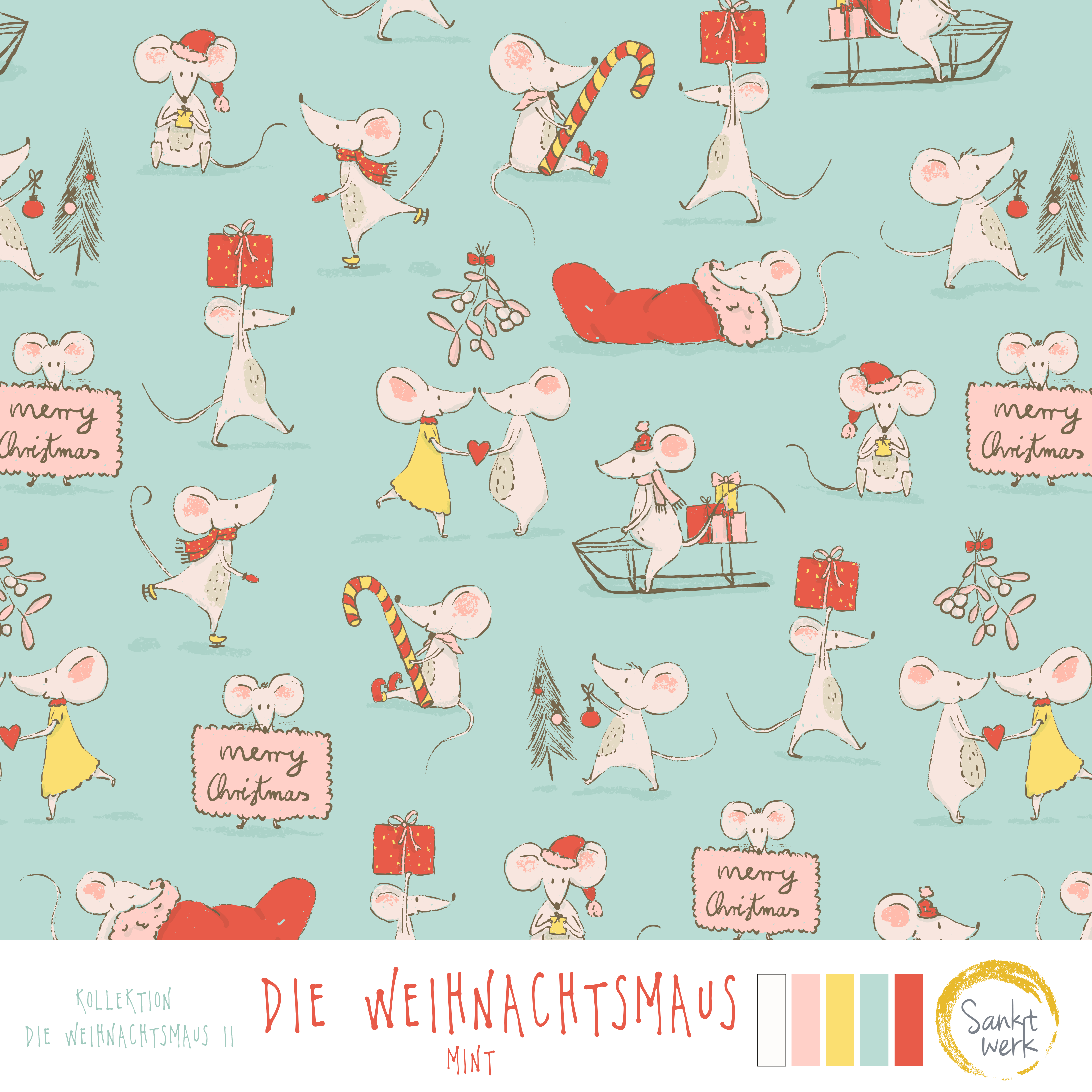 Bio Webware Stoff - Die Weihnachtsmaus - Sanktwerk, Tiere, mint, 100% Bio-Baumwolle Bio Webware Stoff - Die Weihnachtsmaus - Sanktwerk, Tiere, mint, 100% Bio-Baumwolle