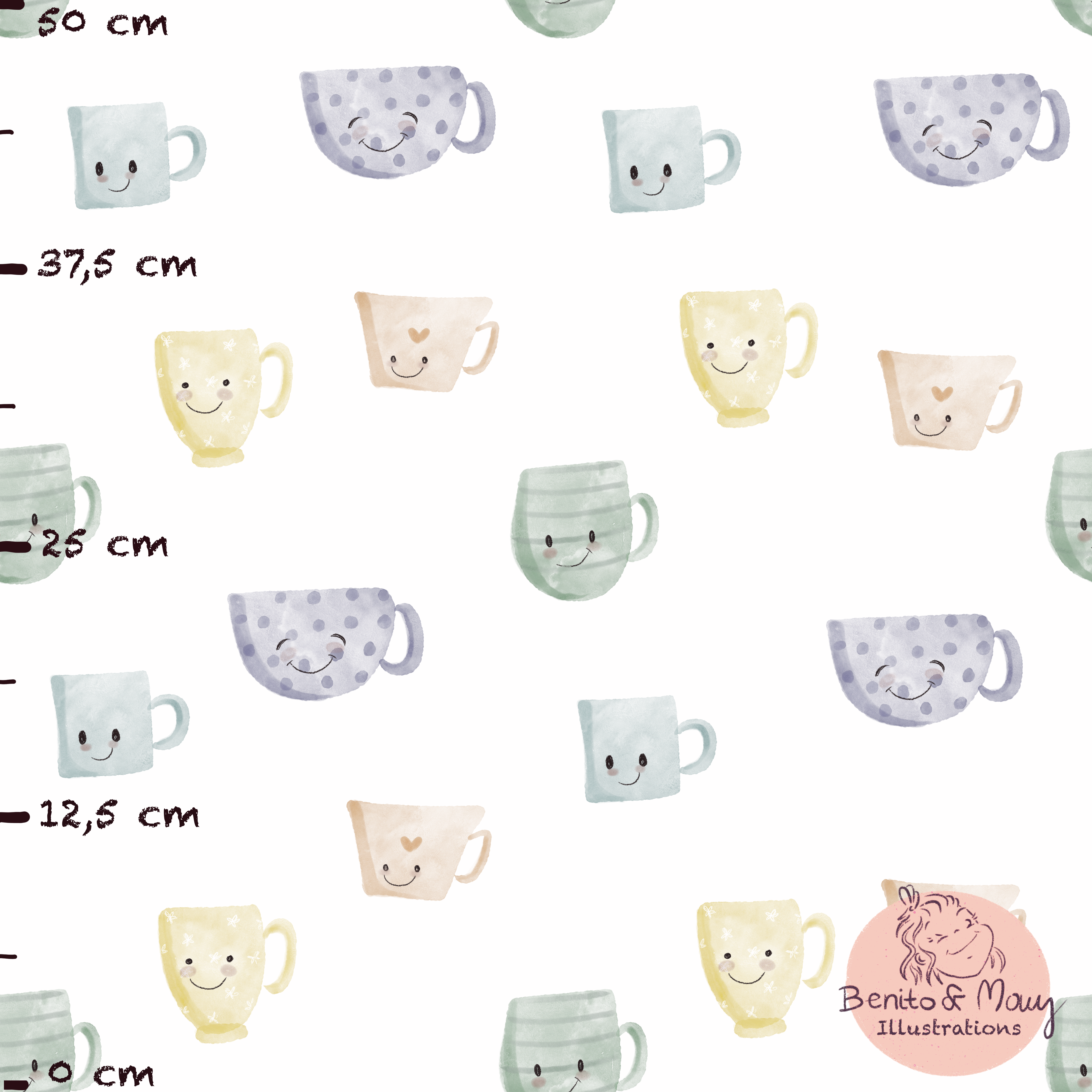 Bio Summersweat Stoff  - Happy Tea Cups Weiß Groß - BenitoUndMausIllustrations, weiß, Gegenstände Breite 150 cm