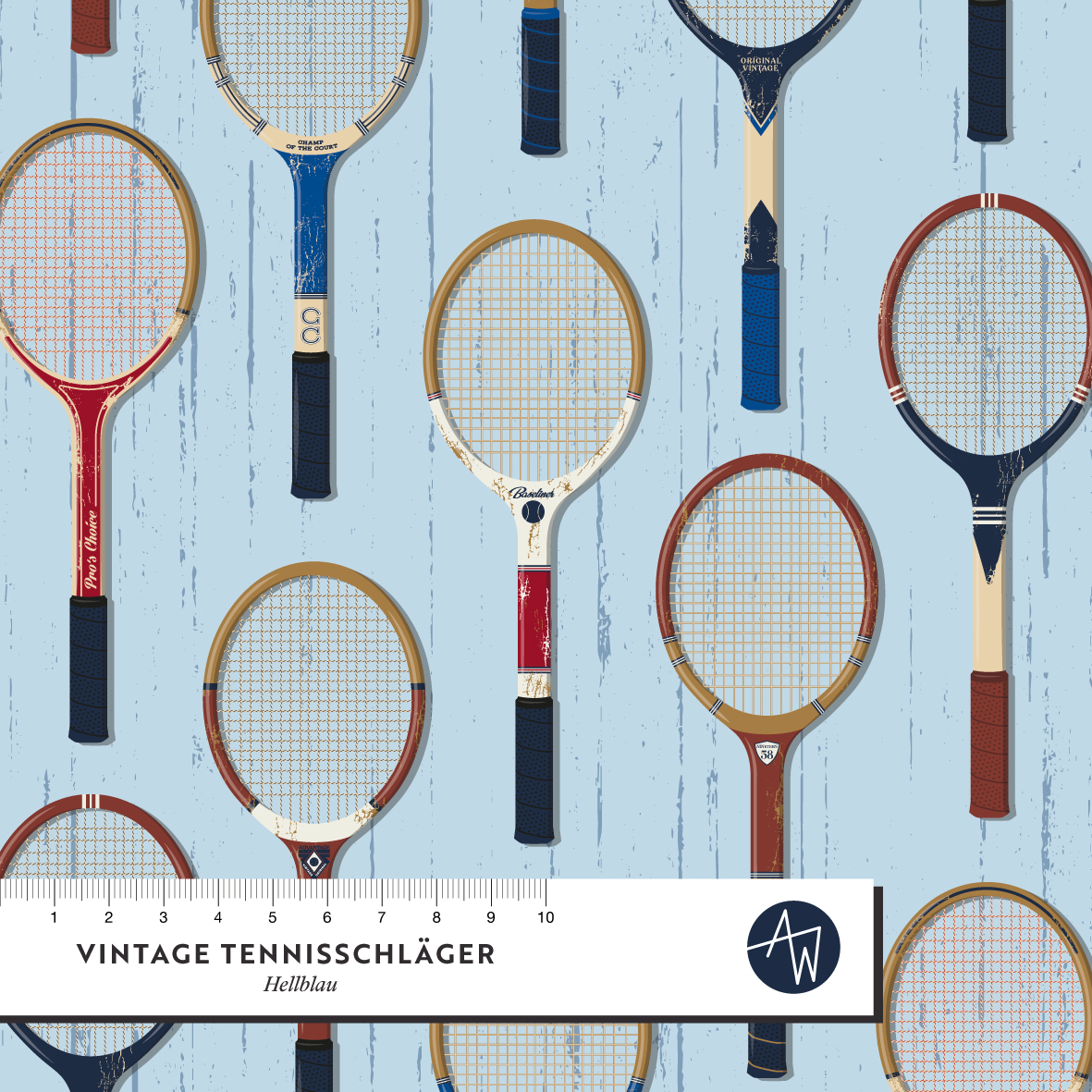 Bio Webware Stoff  - Vintage Tennis Schläger Hellblau - AlexandraWeise, blau, Gegenstände, Sport, 100% Bio-Baumwolle