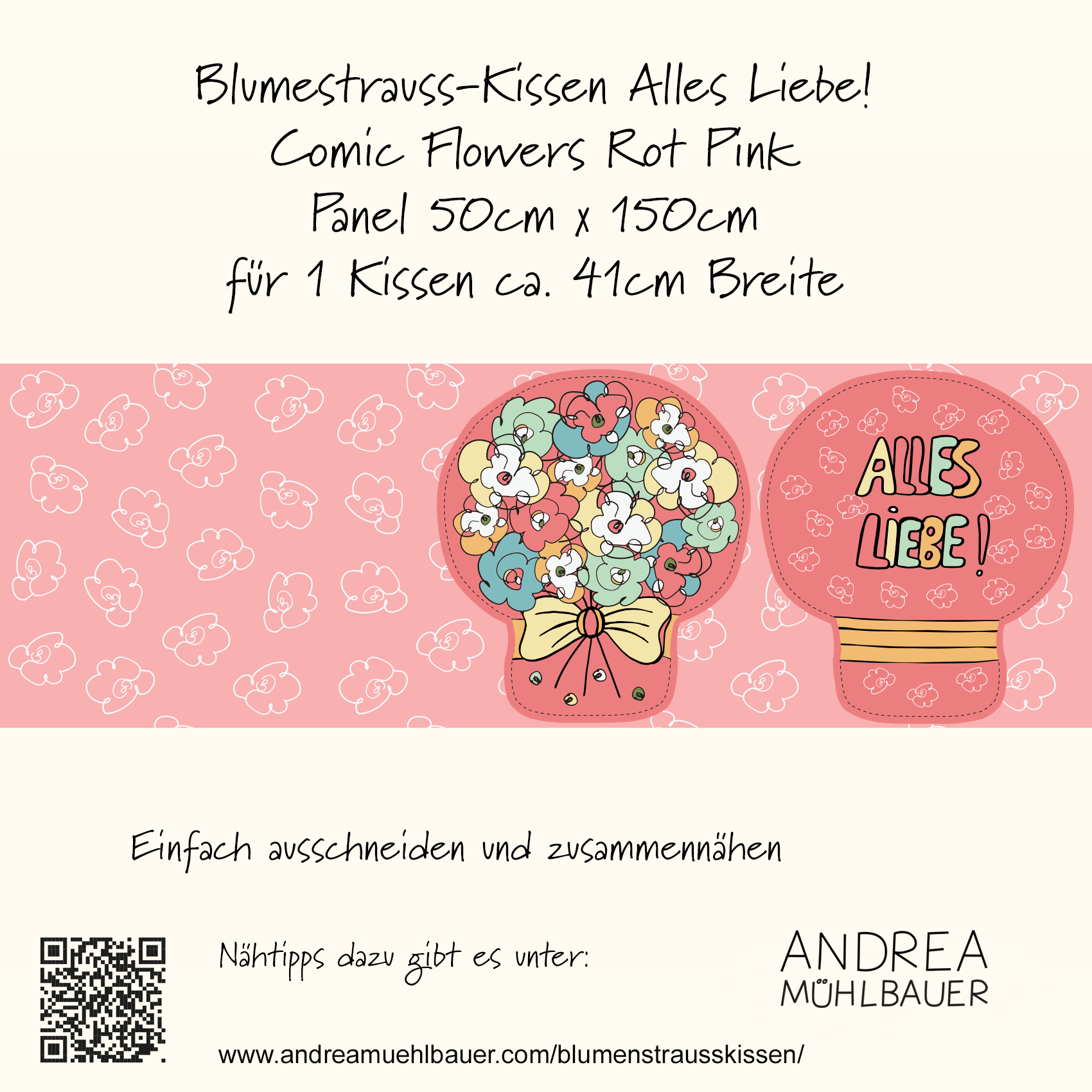 Bio Stoff  - Alles Liebe Blumenstraußkissen 50cm Panel rot