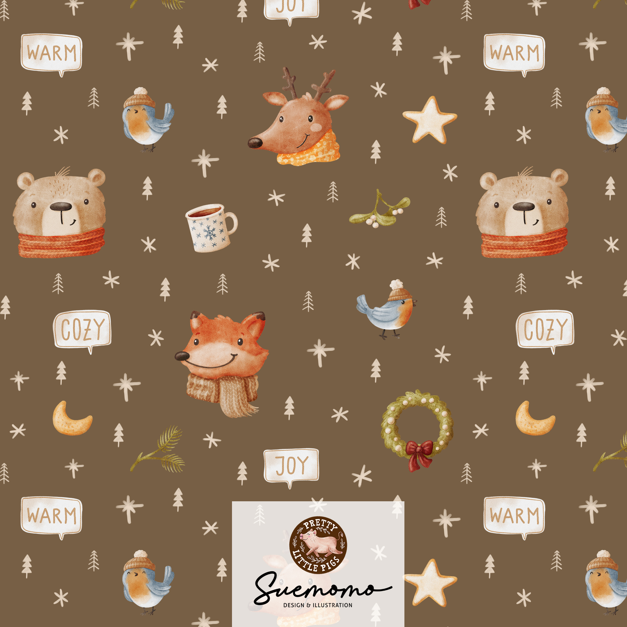 Bio Webware Stoff - Weihnachtsfreunde Taupe - PrettyLittlePigs, Tiere, braun, 100% Bio-Baumwolle Bio Webware Stoff - Weihnachtsfreunde Taupe - PrettyLittlePigs, Tiere, braun, 100% Bio-Baumwolle