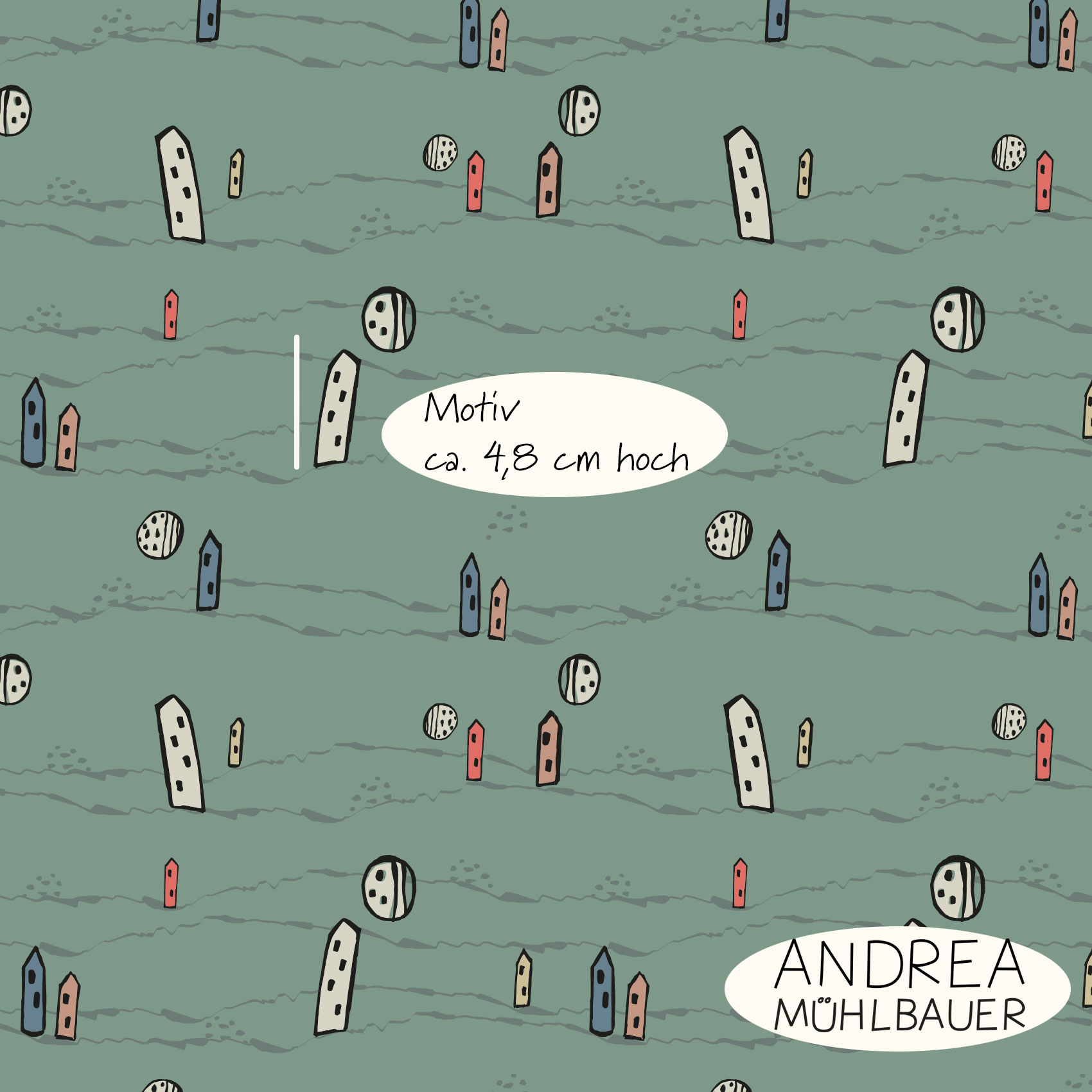 Bio Webware Stoff  -  City Summer Dust Houses on Green Lawn Medium  - AndreaMuehlbauer, Abstrakt, grün, 100% Bio-Baumwolle