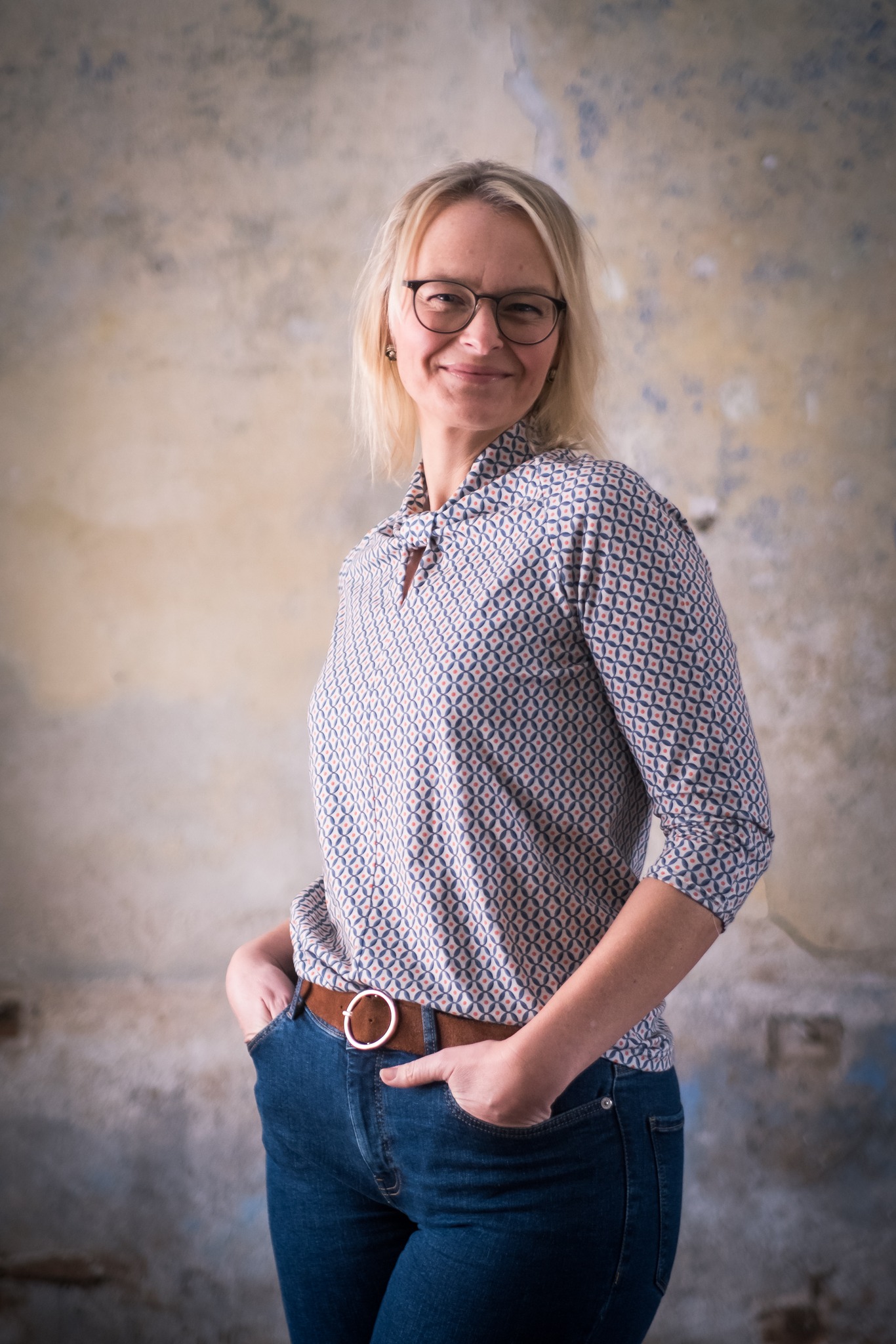 Bio Webware Stoff  -  Musterei  - LisaSanders, blau, Ornamente, orange, 100% Bio-Baumwolle