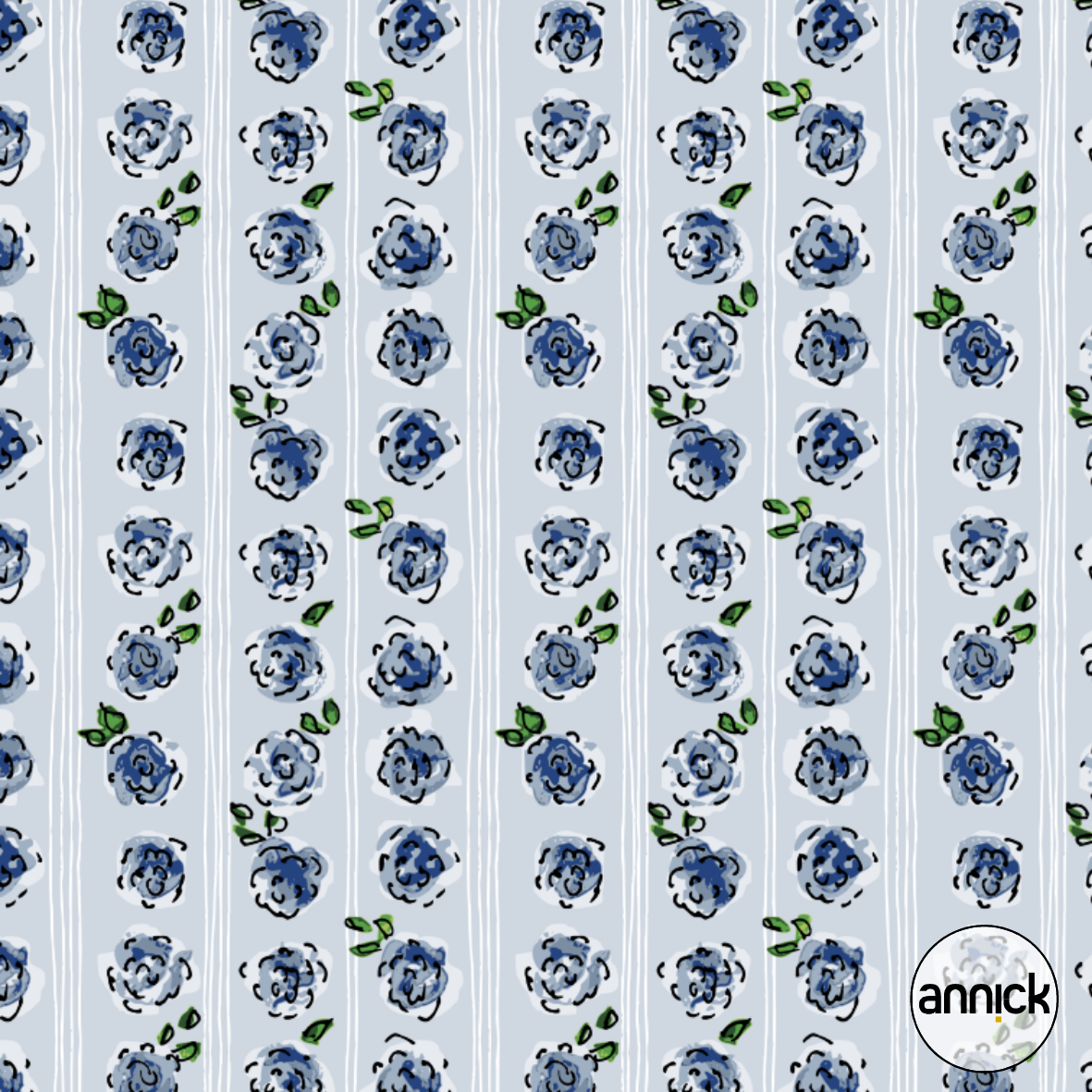 Bio Webware Stoff  - Romantic Cottage Roses - Annick, blau, Floral & Blumen, 100% Bio-Baumwolle