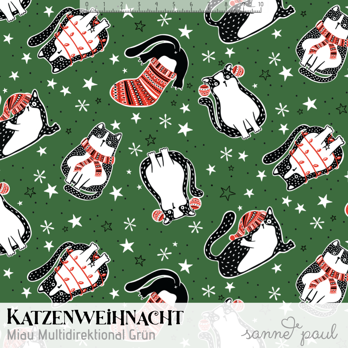 Organic Fabric - Cat Christmas Meow multidirectional green