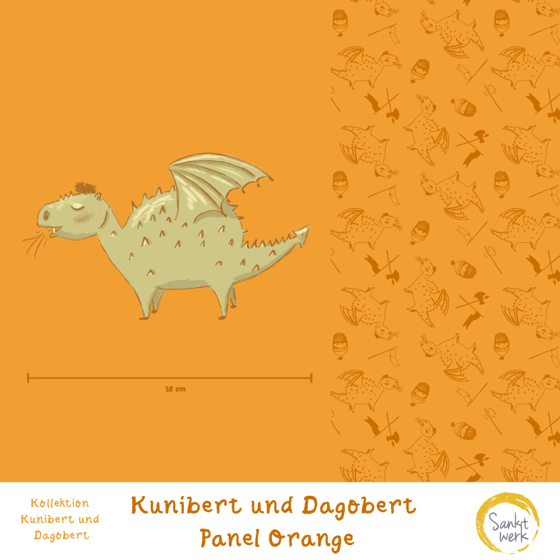 Bio Canvas Stoff  -  50 cm Panel Kunibert und Dagobert  - Sanktwerk, Fantasy, orange, 100% Bio-Baumwolle