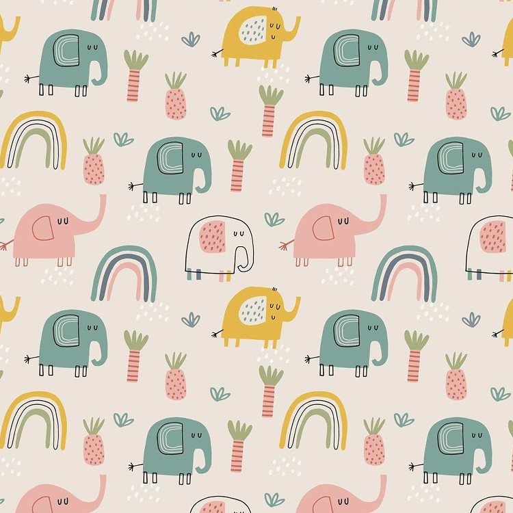 Bio Stoff  -  Elephants  - LilleSelection, bunt, Tiere, beige