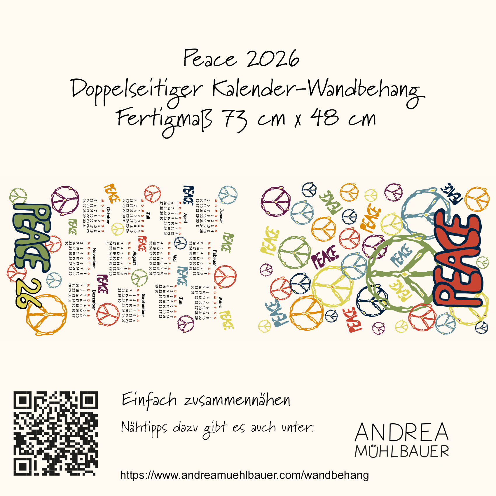Bio Stoff - 50 cm Panel Peace Kalender26 von Andrea Muehlbauer in bunt