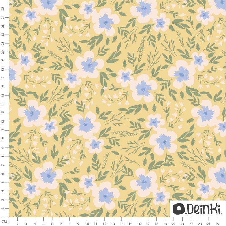 Bio Stoff  - Pastellblumen Eins Gelb Weiss - Deinki, bunt, Blumen