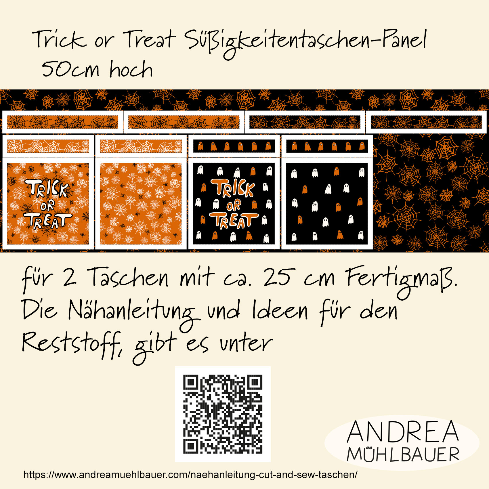 Bio Webware Stoff  -  50 cm Panel Trick or Treat Tasche Klein  - AndreaMuehlbauer, orange, Halloween, Cut & Sew, schwarz, 100% Bio-Baumwolle